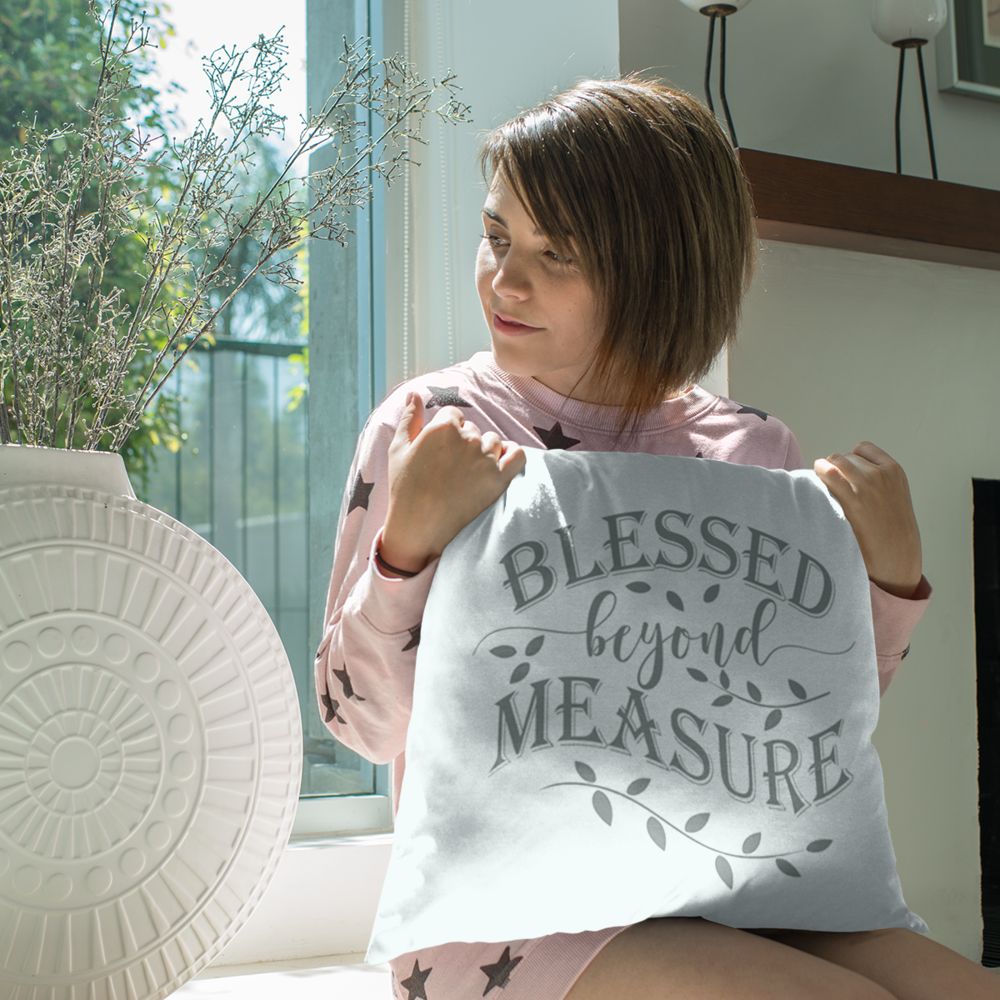 Blessed Beyond Measure on Cotton White Background Design Spun Polyester Square Pillow Size: 14" × 14" Jesus Passion Apparel