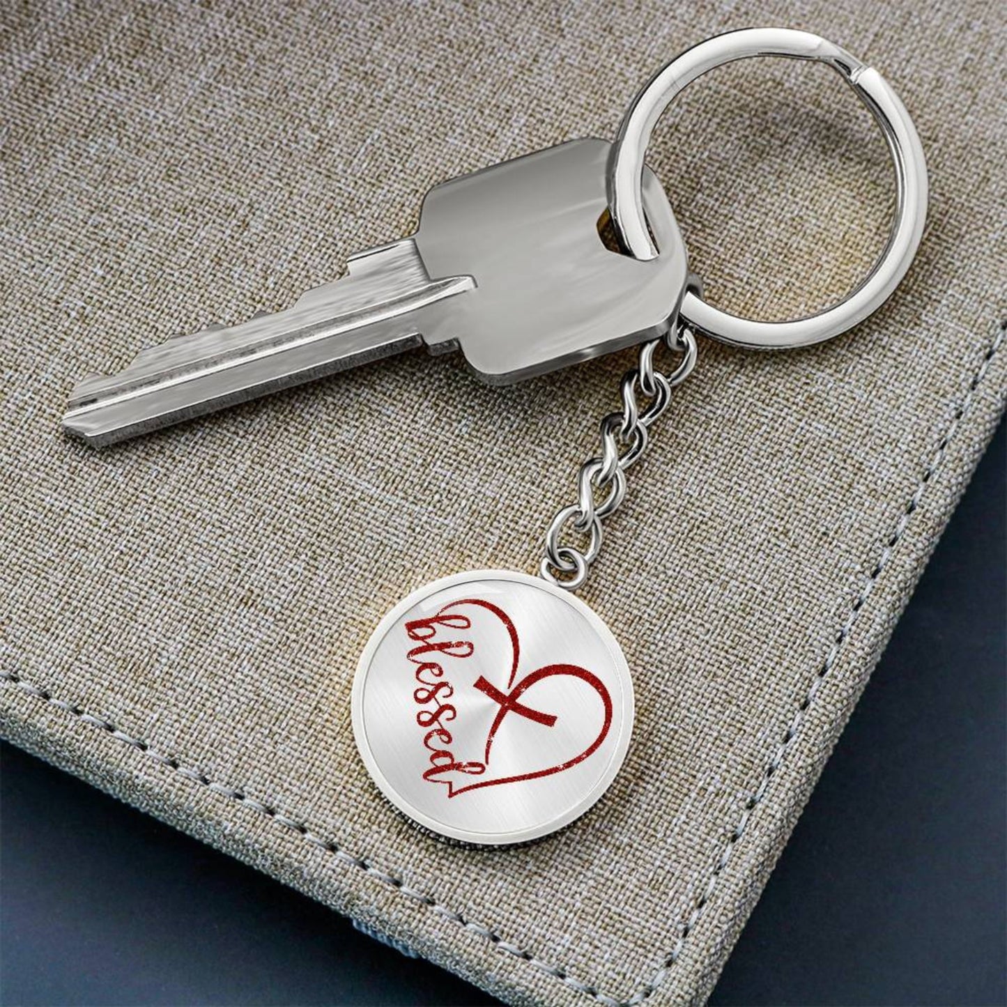 Blessed Heart with Embedded Cross - Red Glitter Circle Keychain Engraving: No Jesus Passion Apparel