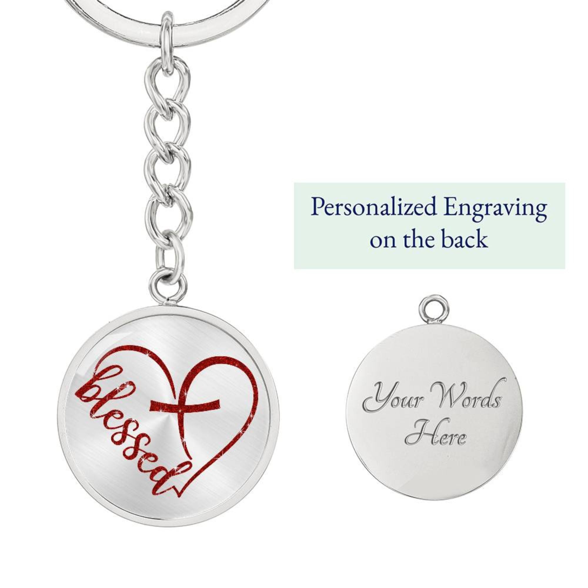 Blessed Heart with Embedded Cross - Red Glitter Circle Keychain Engraving: Yes Jesus Passion Apparel