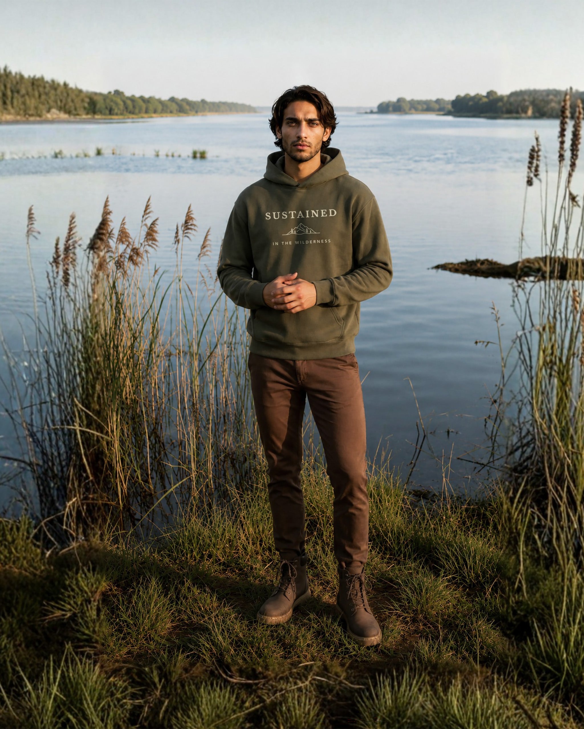 Man wearing a hoodie with 'SUSTAINED' branding by a lake