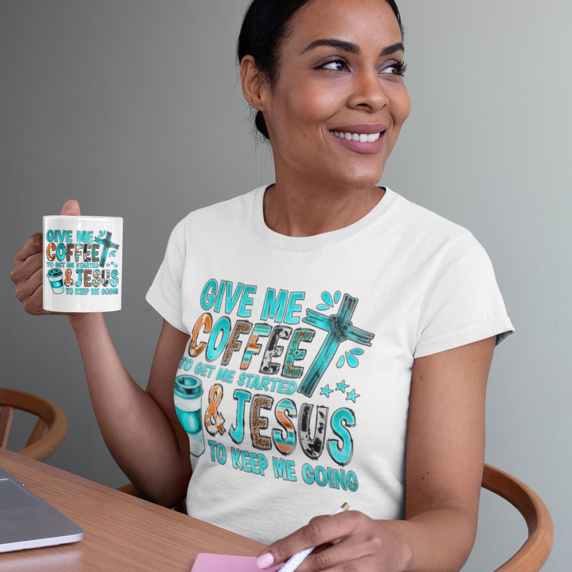 Give Me Coffee and Jesus Women's Short Sleeve Fashion Fit T-Shirt - Matching Tote Available Color: Black Size: S Jesus Passion Apparel