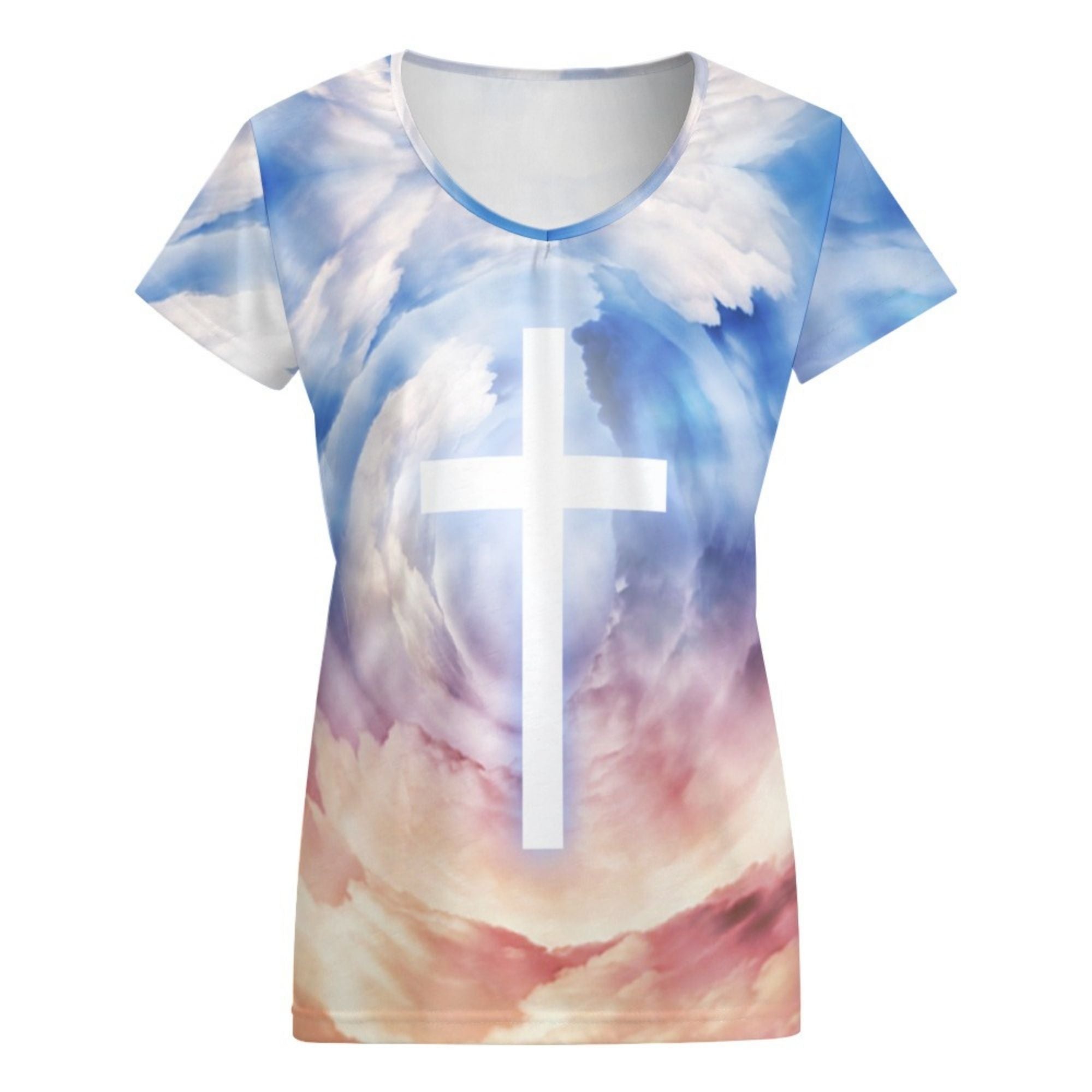 Cross in the Clouds Women's Loose Short Sleeve V-Neck Blouse - Blue Size: S Color: White Jesus Passion Apparel