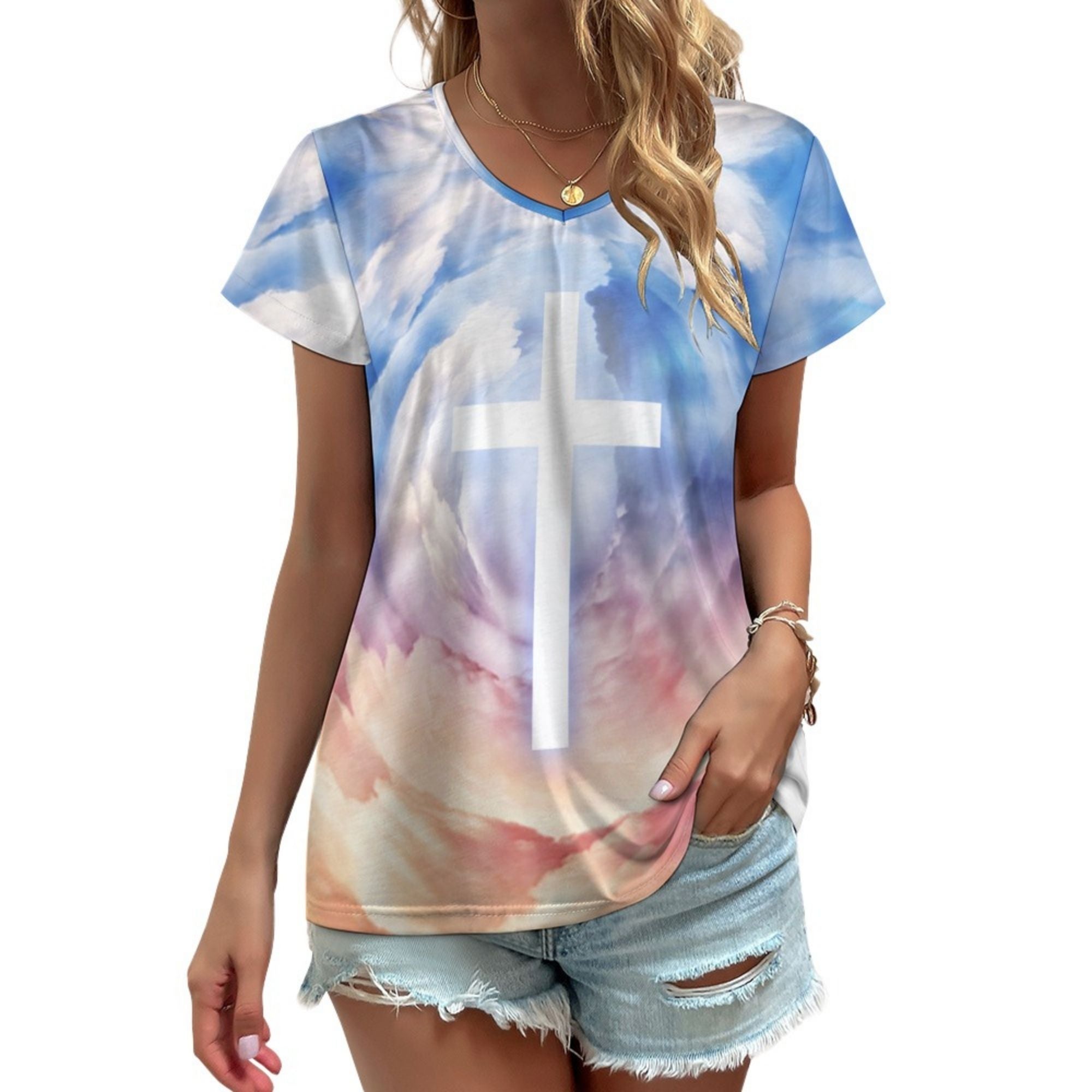 Cross in the Clouds Women's Loose Short Sleeve V-Neck Blouse - Blue Size: S Color: White Jesus Passion Apparel