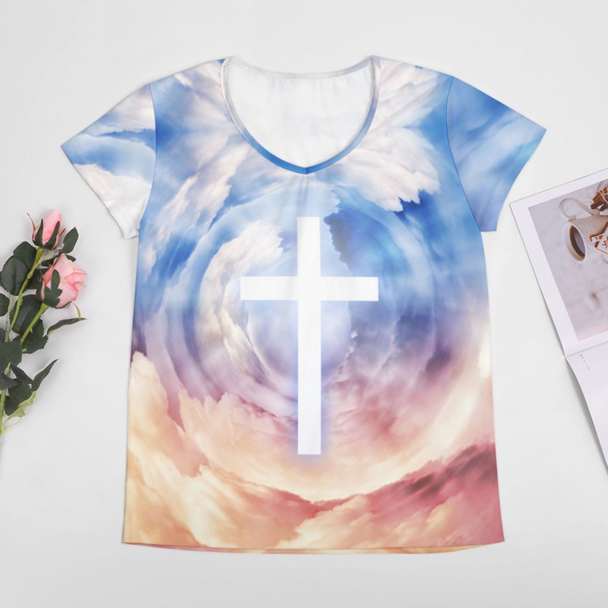 Cross in the Clouds Women's Loose Short Sleeve V-Neck Blouse - Blue Size: S Color: White Jesus Passion Apparel