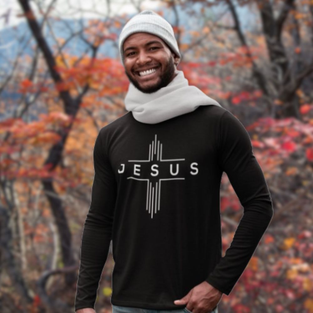 Jesus Chevron Cross Unisex Jersey Long Sleeve Tee Size: XS Color: Black Jesus Passion Apparel