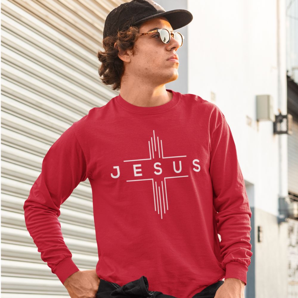 Jesus Chevron Cross Unisex Jersey Long Sleeve Tee Size: XS Color: Black Jesus Passion Apparel