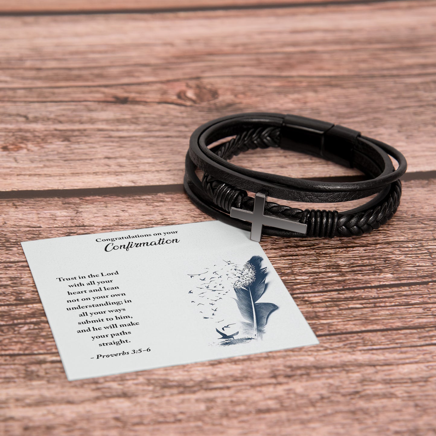 Confirmation Trust in the Lord - Men's Cross and Black Braided Rope Bracelet Jesus Passion Apparel