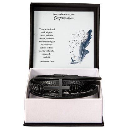 Confirmation Trust in the Lord - Men's Cross and Black Braided Rope Bracelet Jesus Passion Apparel