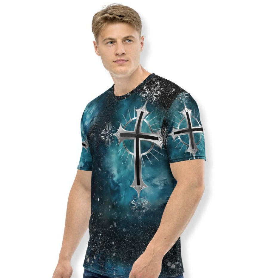 Cosmic Cross Turquois Men's Handmade Crewneck T-shirt Size: XS Jesus Passion Apparel