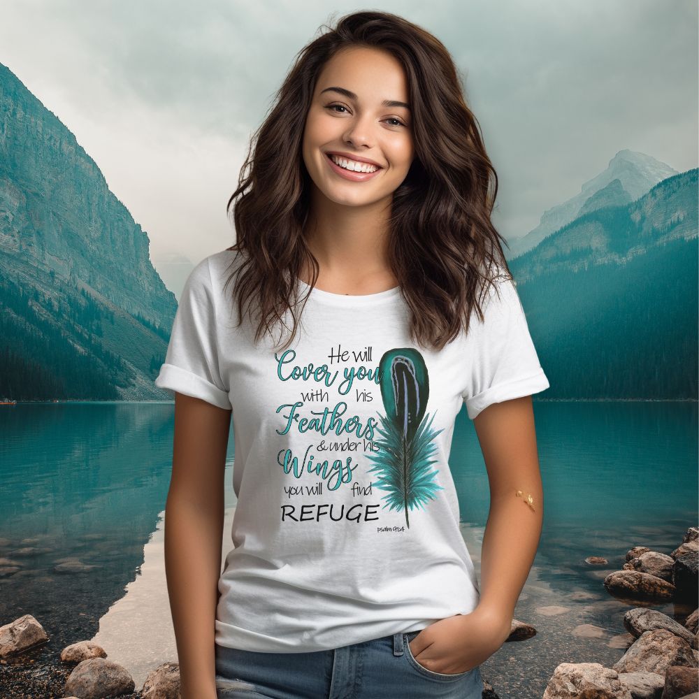 He Will Cover You Feathers Turquois Jersey Short Sleeve T-Shirt Color: Athletic Heather Size: XS Jesus Passion Apparel