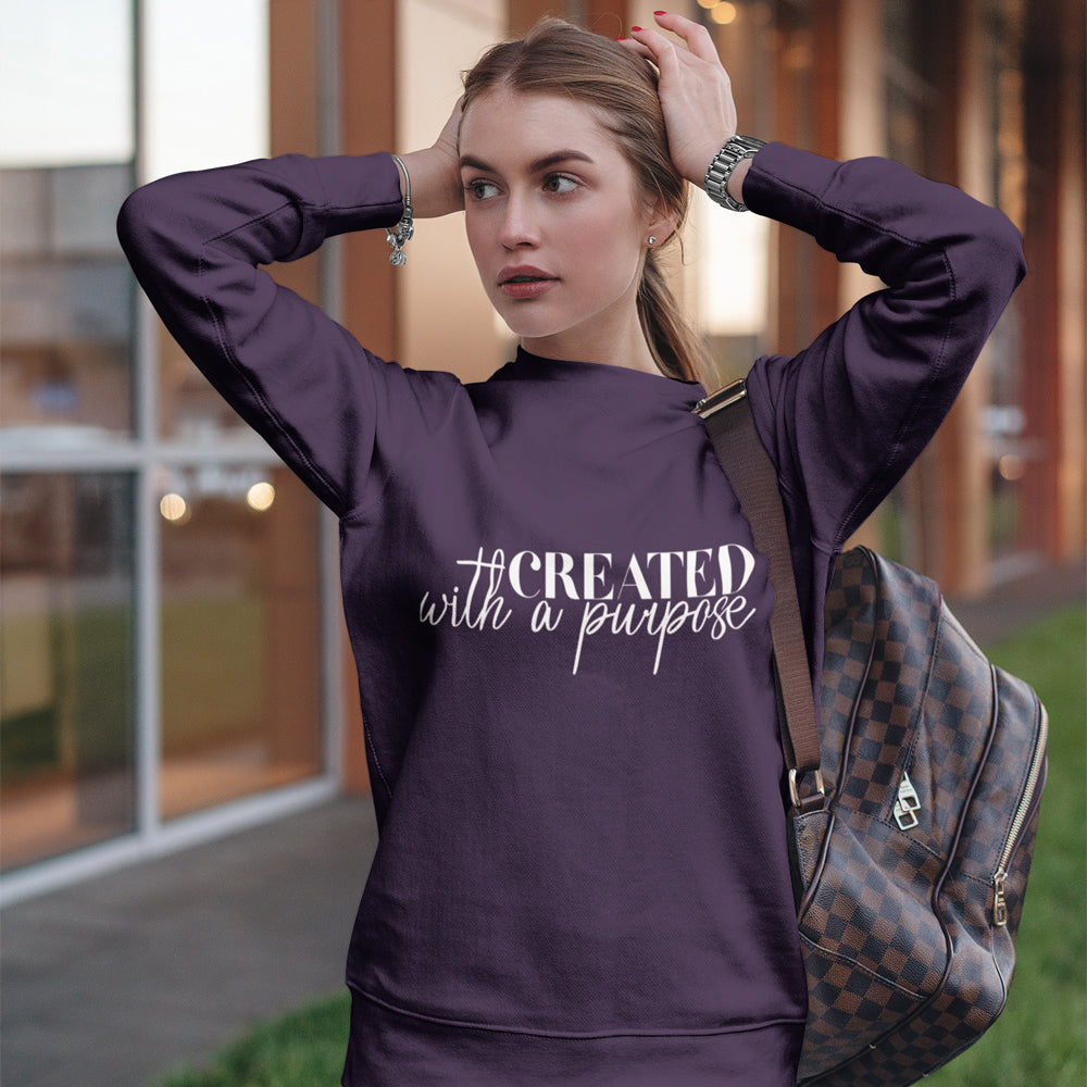 Created with a Purpose Women's Fleece Unisex-Fit Sweatshirt Purple / Black Size: S Color: Purple Jesus Passion Apparel