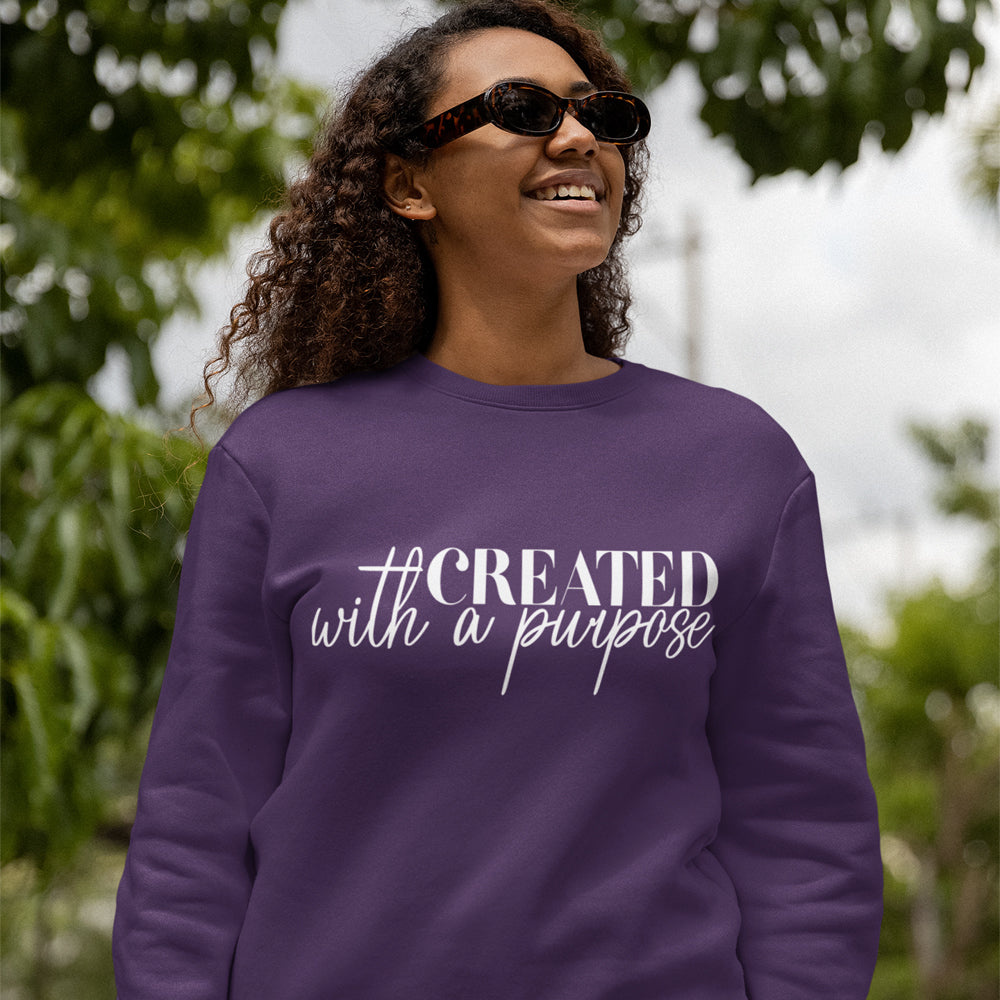 Created with a Purpose Women's Fleece Unisex-Fit Sweatshirt Purple / Black Size: S Color: Purple Jesus Passion Apparel