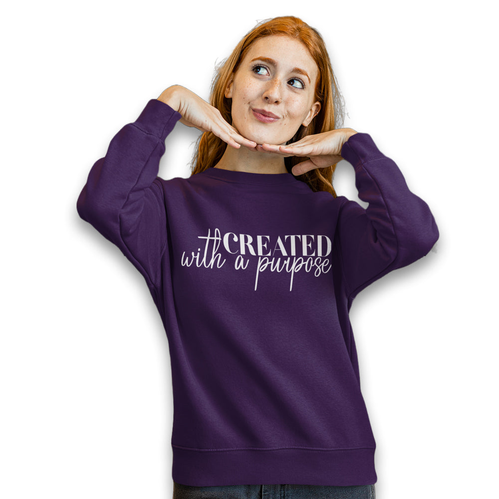 Created with a Purpose Women's Fleece Unisex-Fit Sweatshirt Purple / Black Size: S Color: Purple Jesus Passion Apparel