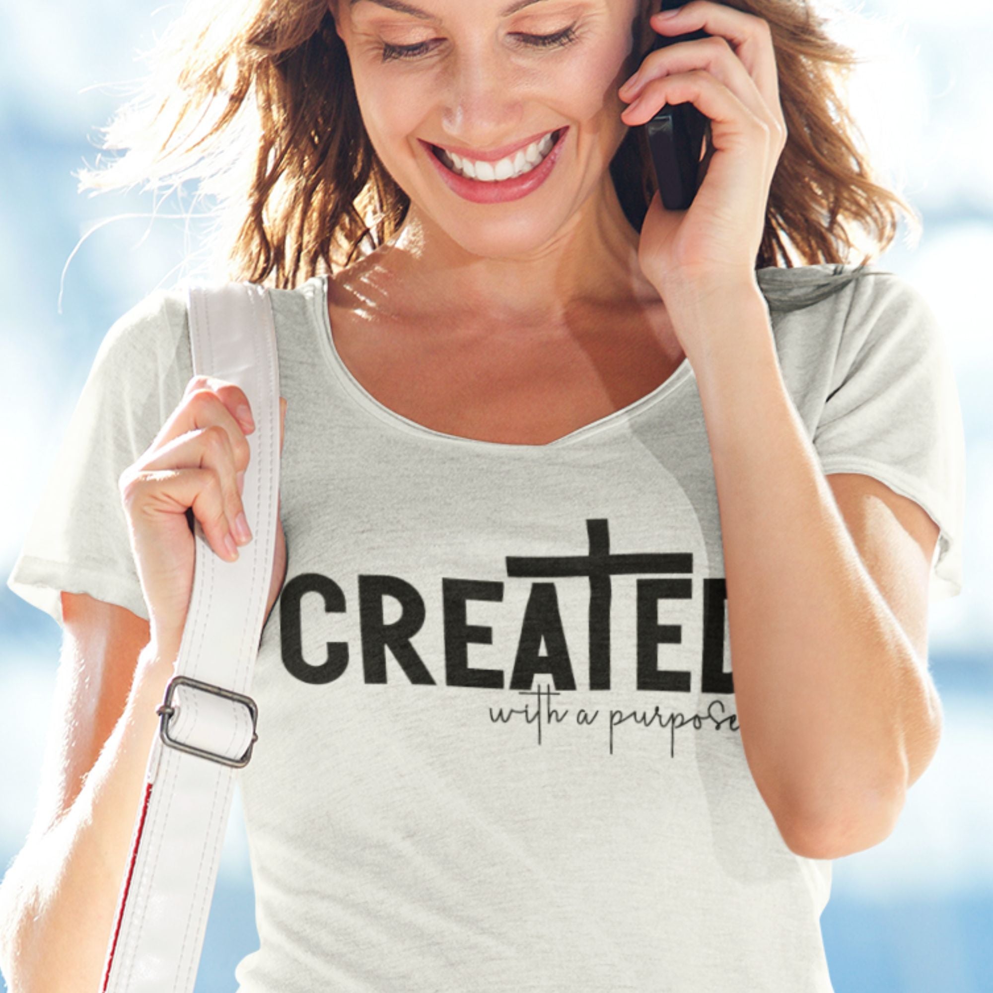 Created With a Purpose Women’s Relaxed-Fit Scoop Neck T-Shirt Size: XS Color: Heather White Jesus Passion Apparel