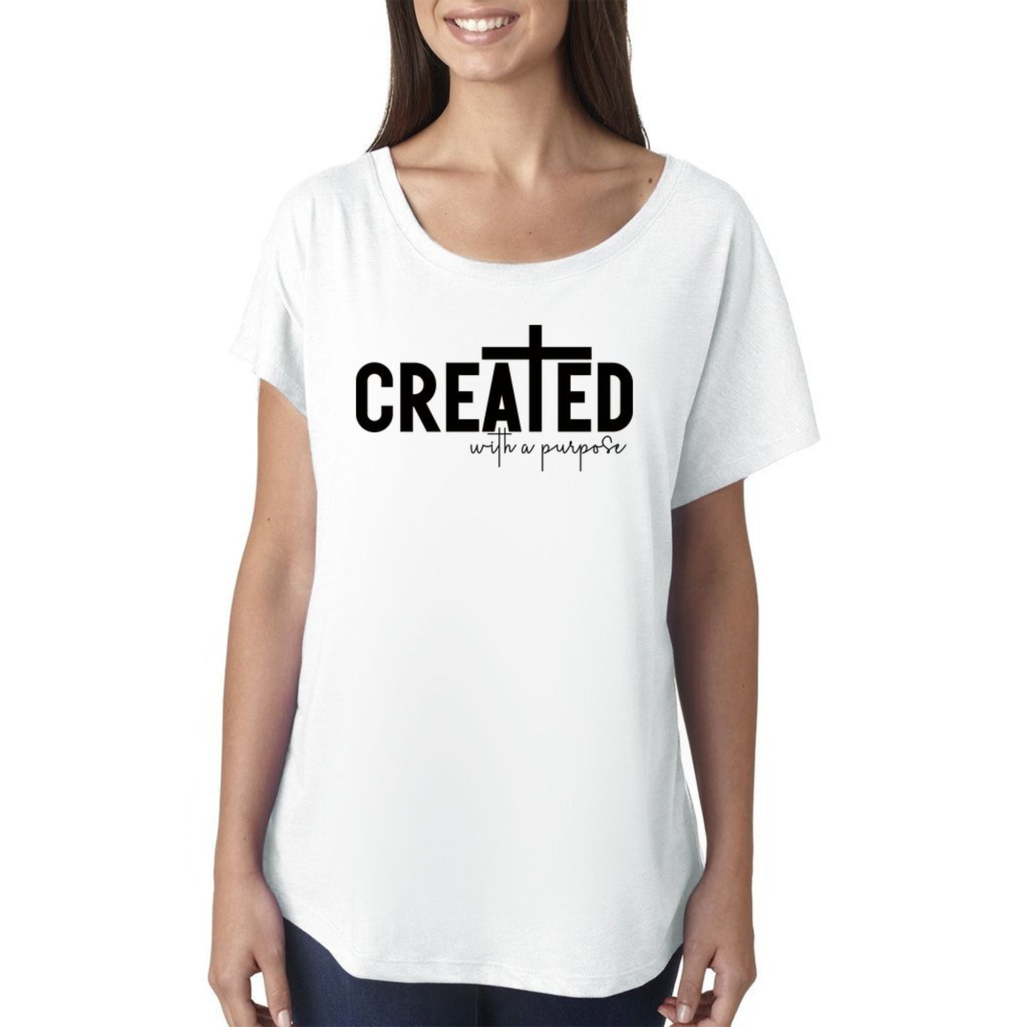 Created With a Purpose Women’s Relaxed-Fit Scoop Neck T-Shirt Size: XS Color: Heather White Jesus Passion Apparel