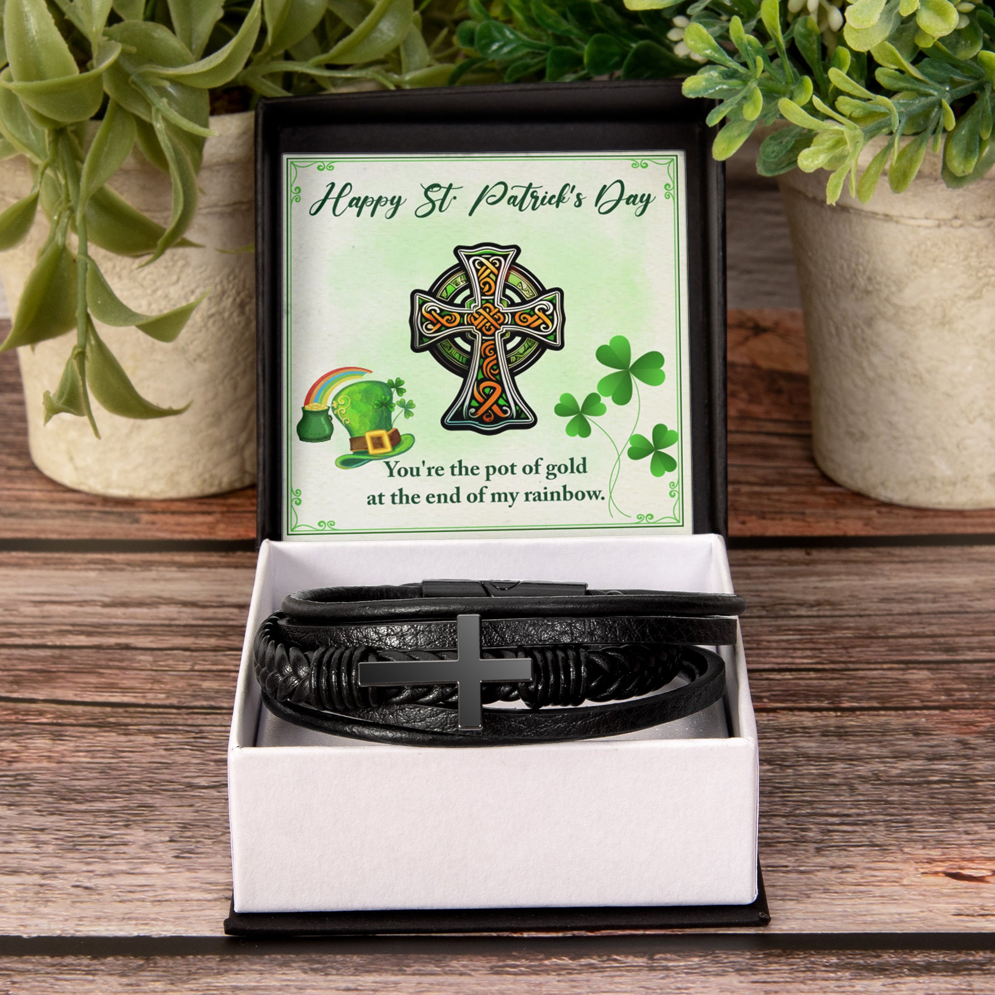 Celtic Cross You're The Pot of Gold - Saint Patrick's Day Gift - Men's Cross and Black Braided Rope Bracelet Jesus Passion Apparel