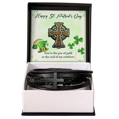 Celtic Cross You're The Pot of Gold - Saint Patrick's Day Gift - Men's Cross and Black Braided Rope Bracelet Jesus Passion Apparel