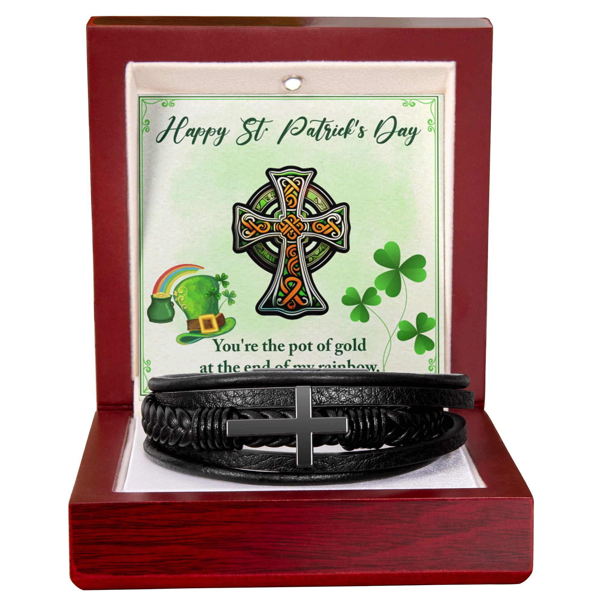 Celtic Cross You're The Pot of Gold - Saint Patrick's Day Gift - Men's Cross and Black Braided Rope Bracelet Jesus Passion Apparel