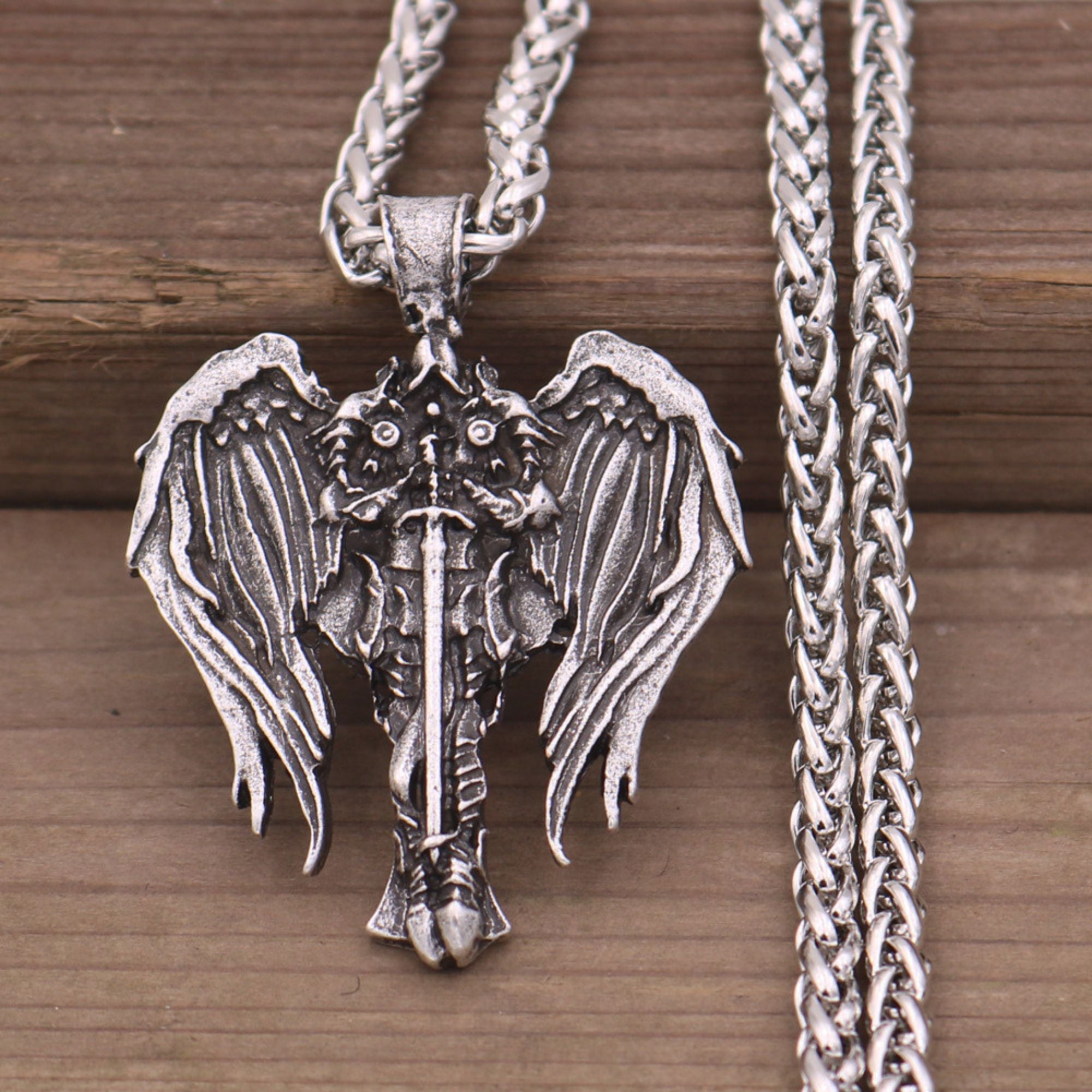 Old World Cross and Angel Wings Necklace style: Snake chain Jesus Passion Apparel