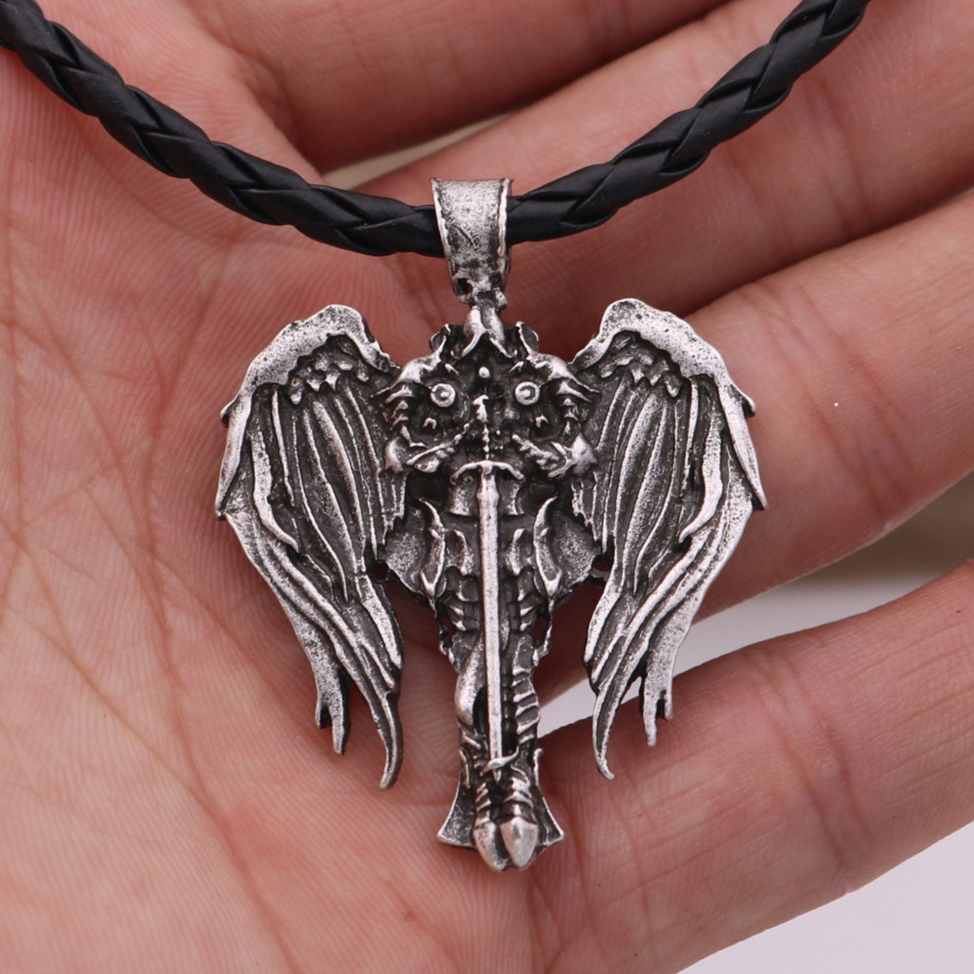 Old World Cross and Angel Wings Necklace style: Leather rope Jesus Passion Apparel