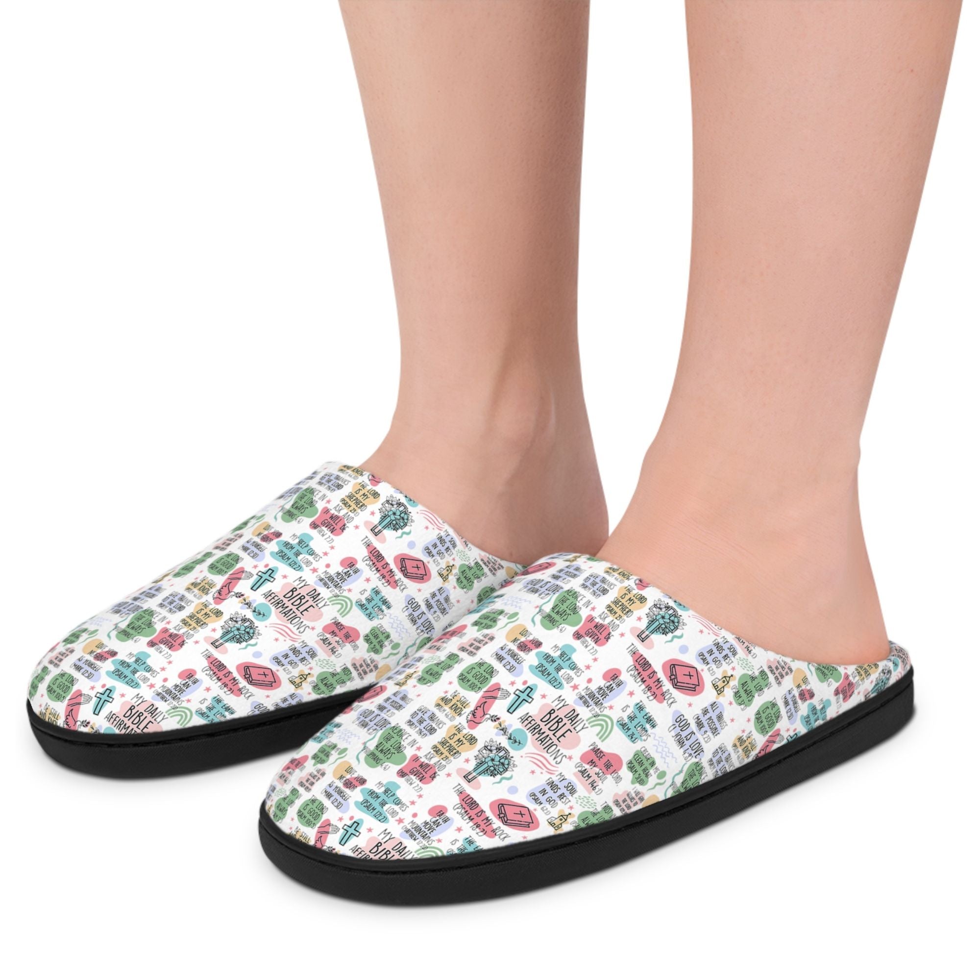 Daily Bible Affirmations Women's White Indoor Slippers - Matching Lounge / Pajama Pants and Shirt Available Size: US 7 - 8 Color: Black sole Jesus Passion Apparel
