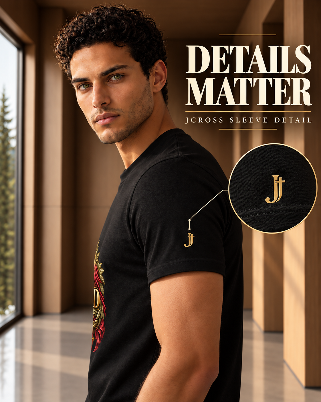 A man wearing a black graphic T-shirt stands indoors near large windows, with overlaid text reading 'DETAILS MATTER' and a circular inset showing a close-up of a gold monogram on the sleeve.