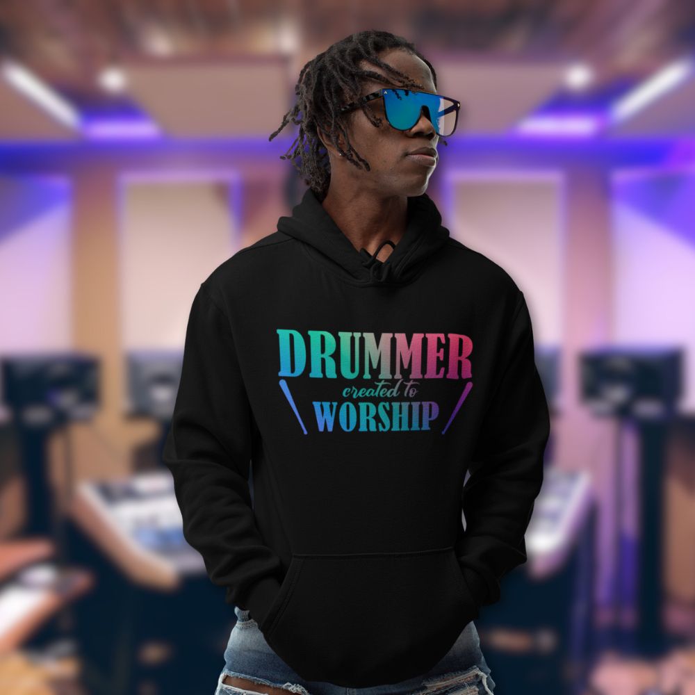 Drummer Created to Worship Men's Heavy Blend™ Hoodie Color: White Size: S Jesus Passion Apparel