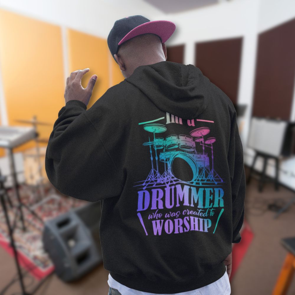 Drummer Created to Worship Men's Heavy Blend™ Hoodie Color: White Size: S Jesus Passion Apparel