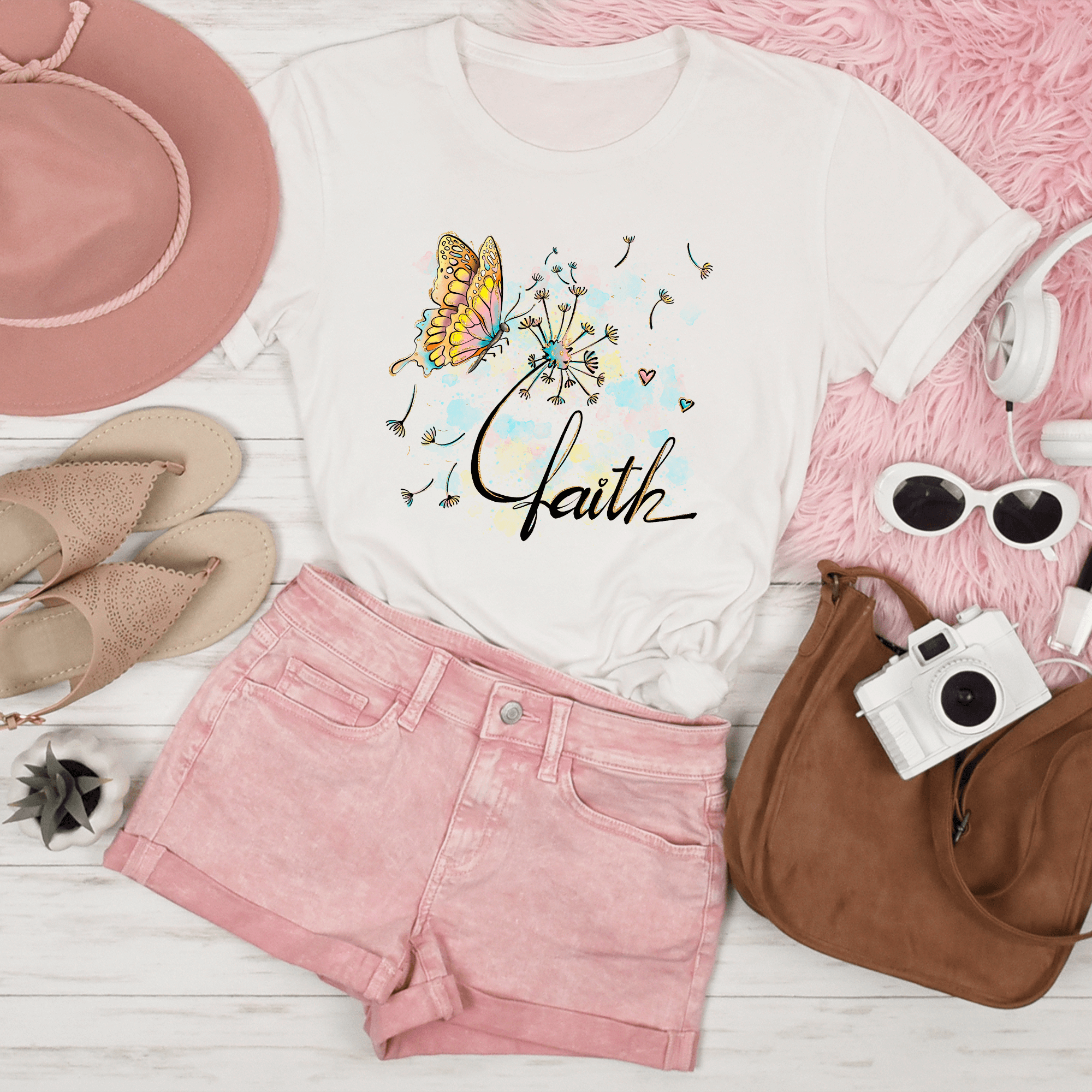 T-Shirts & TopsElevate your wardrobe with this beautifully artistic T-shirt featuring a delicately illustrated butterfly and dandelion with whimsical watercolor accents. The word "faith" is elegantly scripted, adding a touch of inspiration to your day. Pe