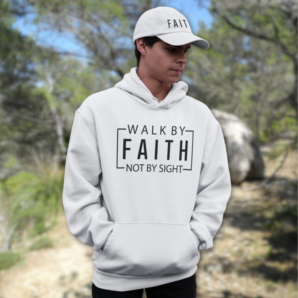 Walk By Faith Not By Sight Men's Heavy Blend™ Hoodie Color: White Size: S Jesus Passion Apparel