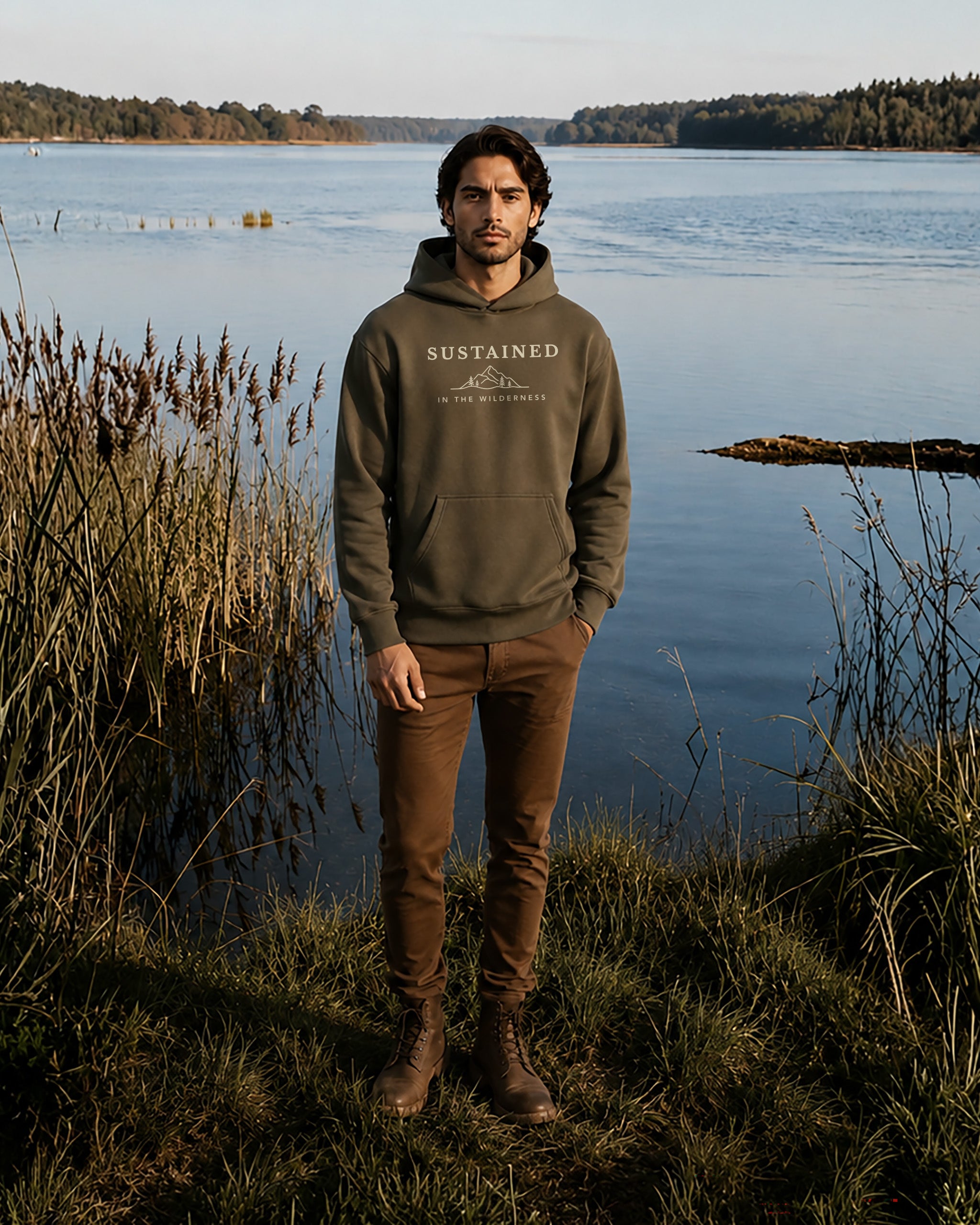 Man wearing a hoodie with 'SUSTAINED' text standing by a lake