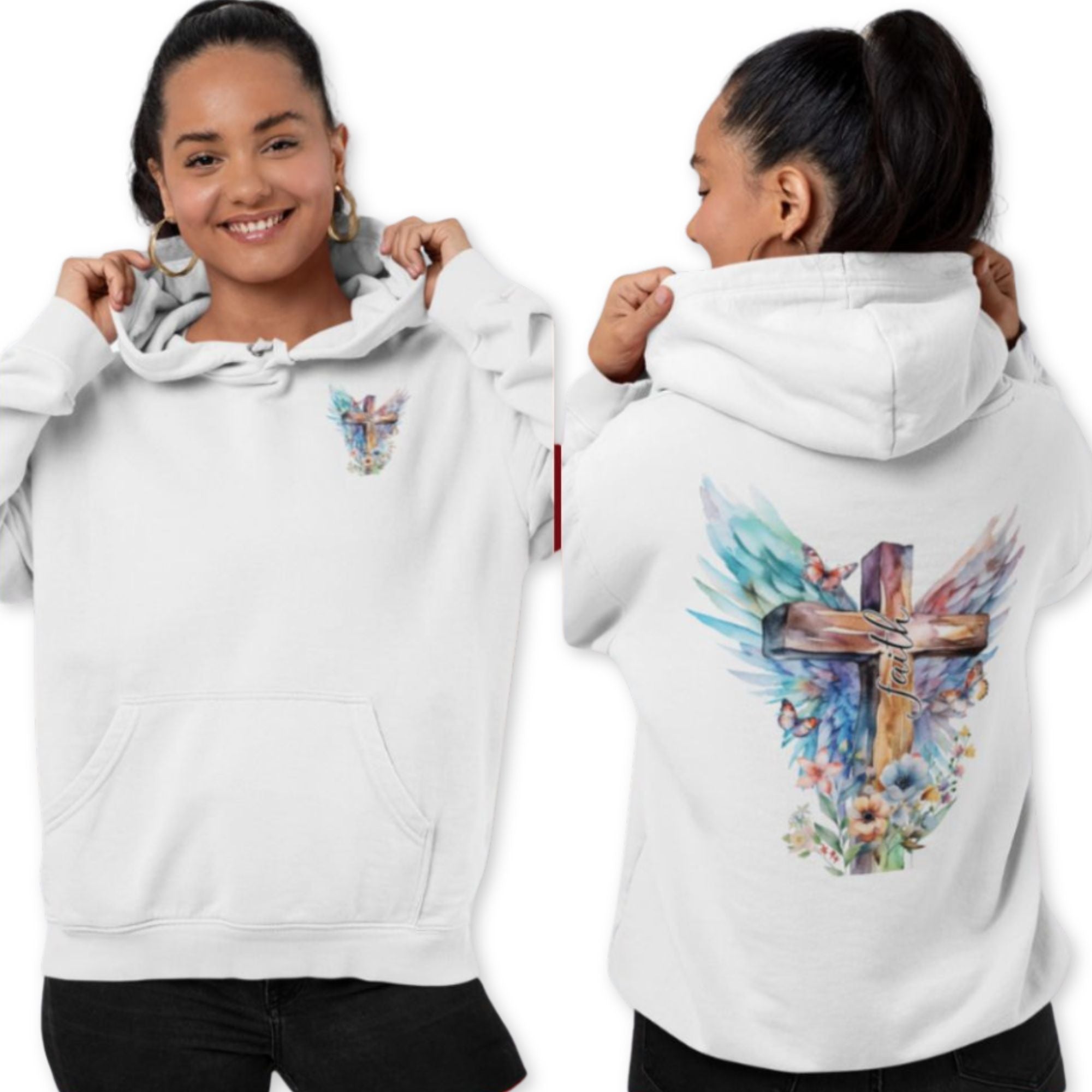 Faith Butterfly Wings and Cross Unisex-Fit Hoodie Color: White Size: S Jesus Passion Apparel