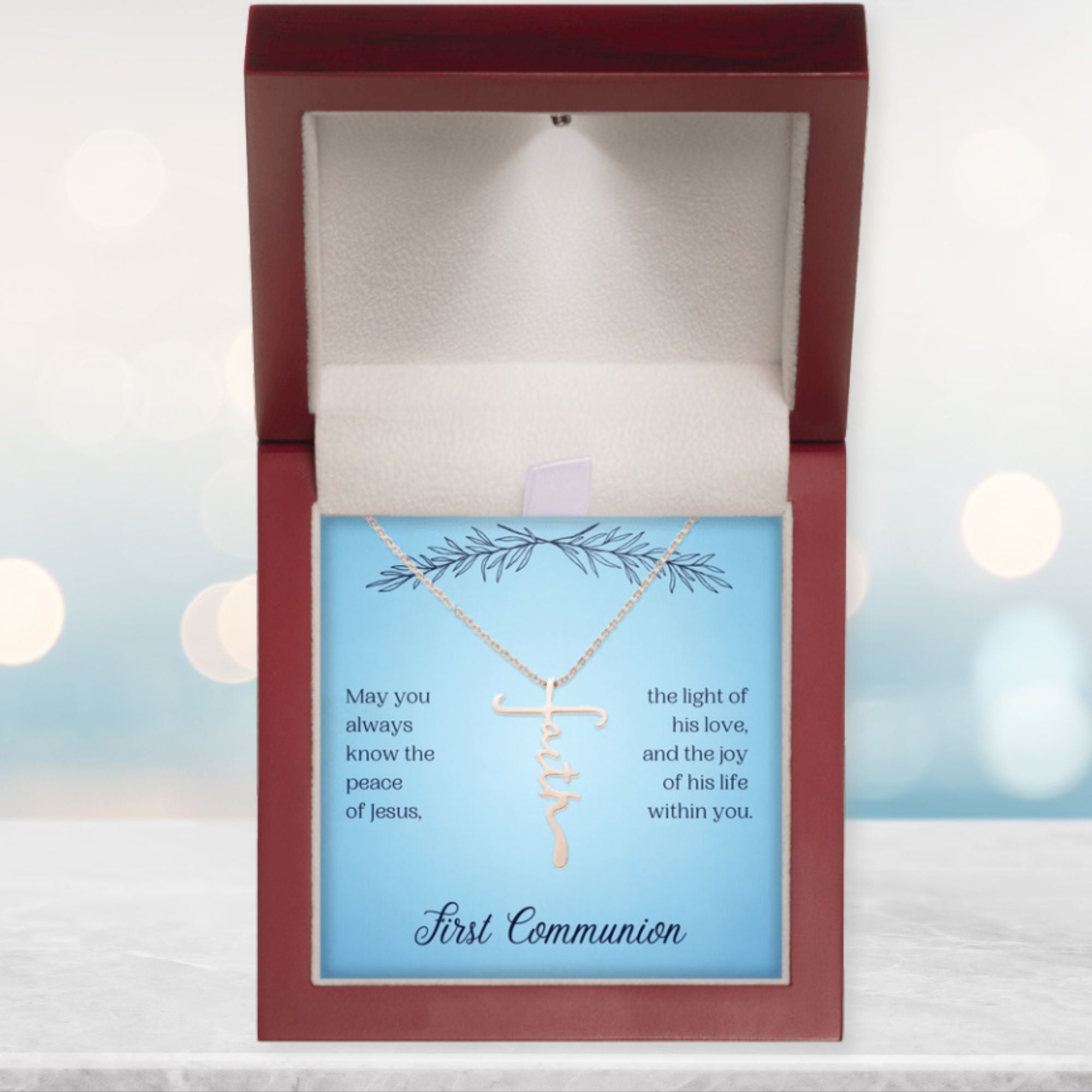 First Communion Faith Cross Necklace - May You Always Know The Peace of Jesus Box Type: Texture Magnetic Box Finish: Stainless Steel Jesus Passion Apparel