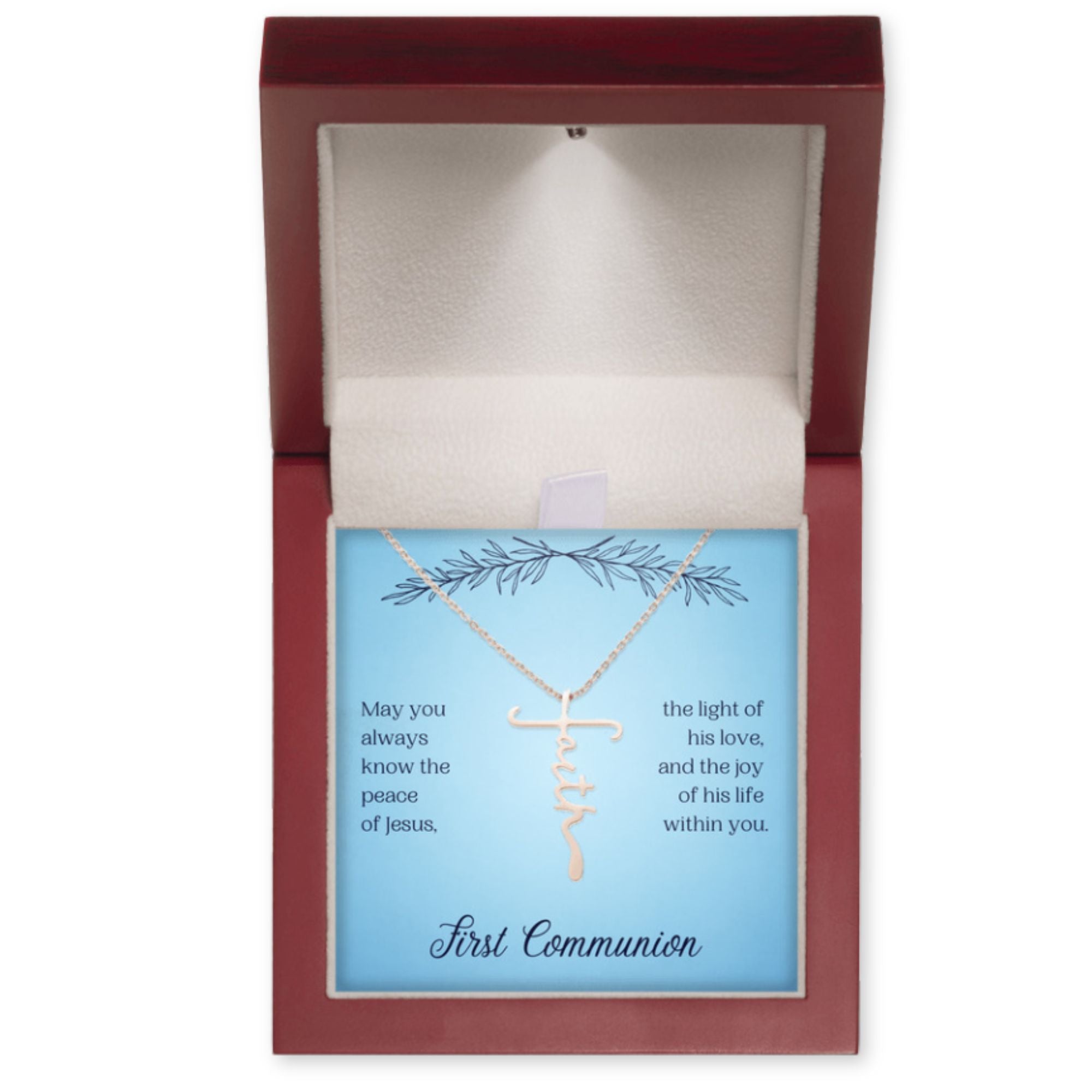 First Communion Faith Cross Necklace - Remember that God’s Love will Always Be There Box Type: Texture Magnetic Box Finish: Stainless Steel Jesus Passion Apparel