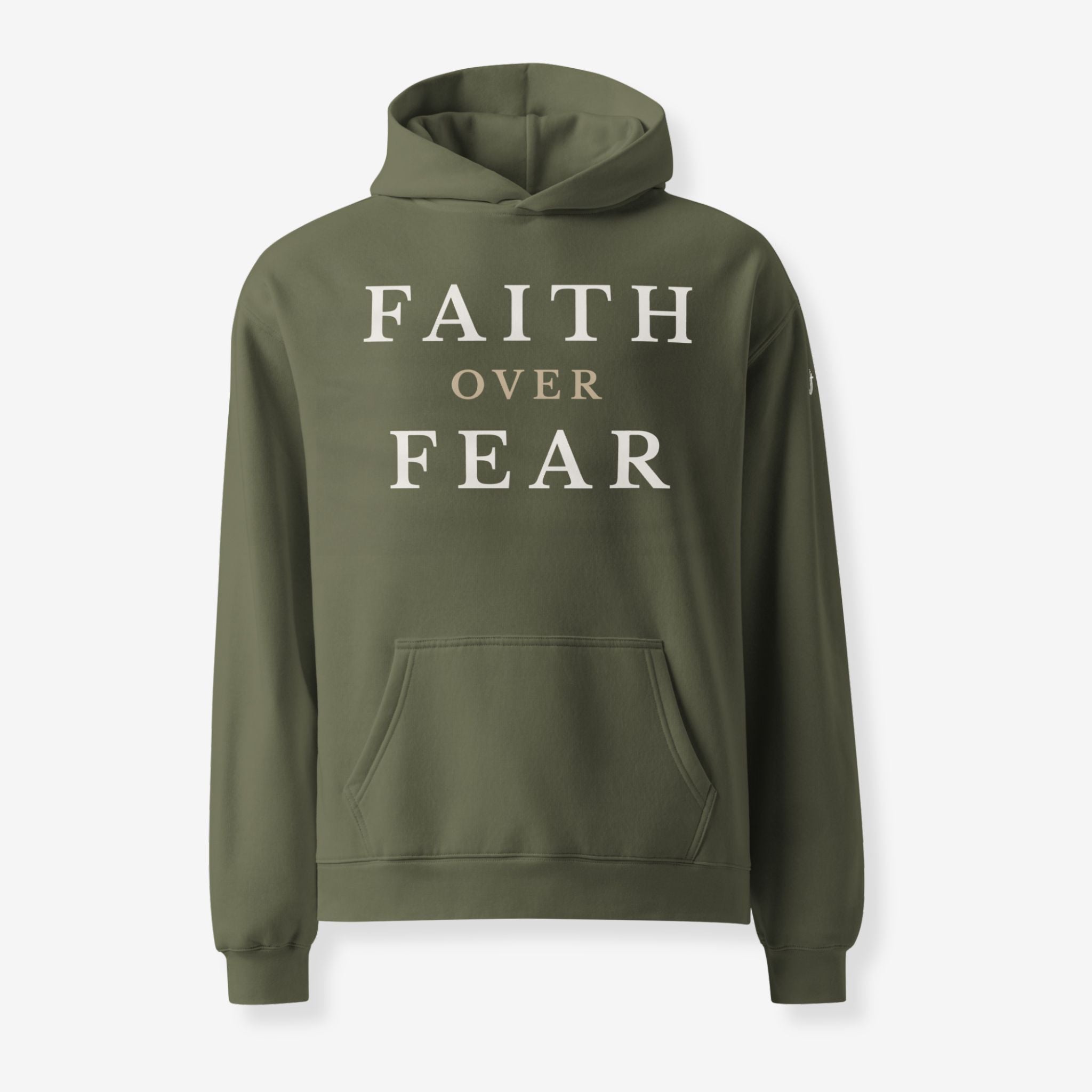 Green hoodie with 'FAITH OVER FEAR' text on a white background