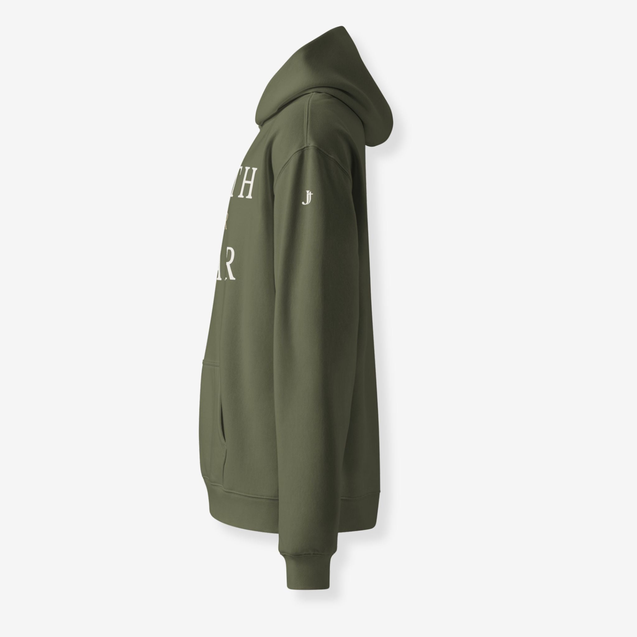 Green hoodie with text and logo on a white background