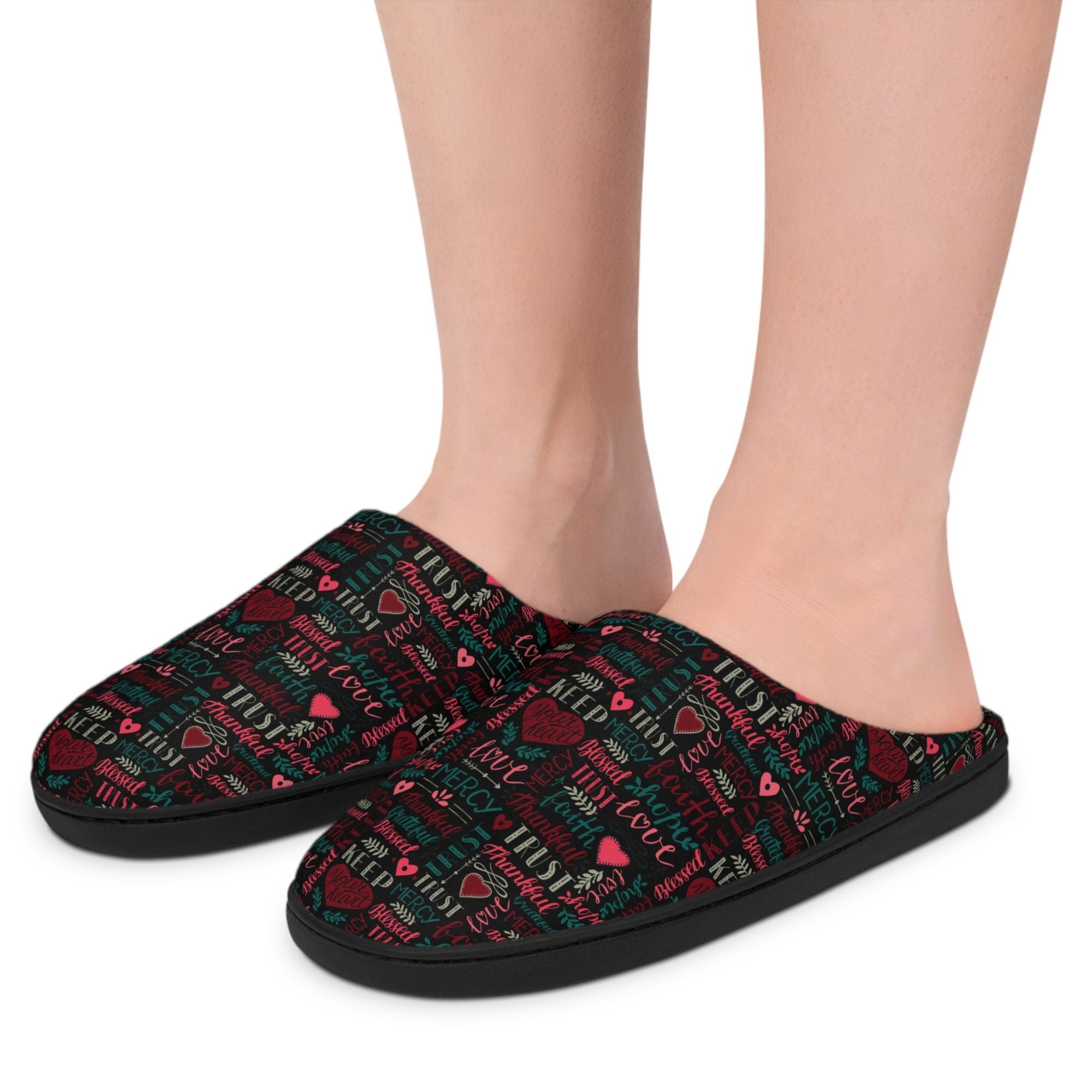 Faith Hope Love Women's Indoor Slippers - Matching Pajama Set and Lounge / Pajama Pants Available Size: US 7 - 8 Color: Black sole Jesus Passion Apparel