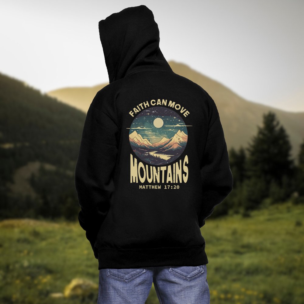 Faith Can Move Mountains Retro-Inspired Premium Unisex Hooded Jacket Heavy Blend™ Size: S Color: Black Jesus Passion Apparel