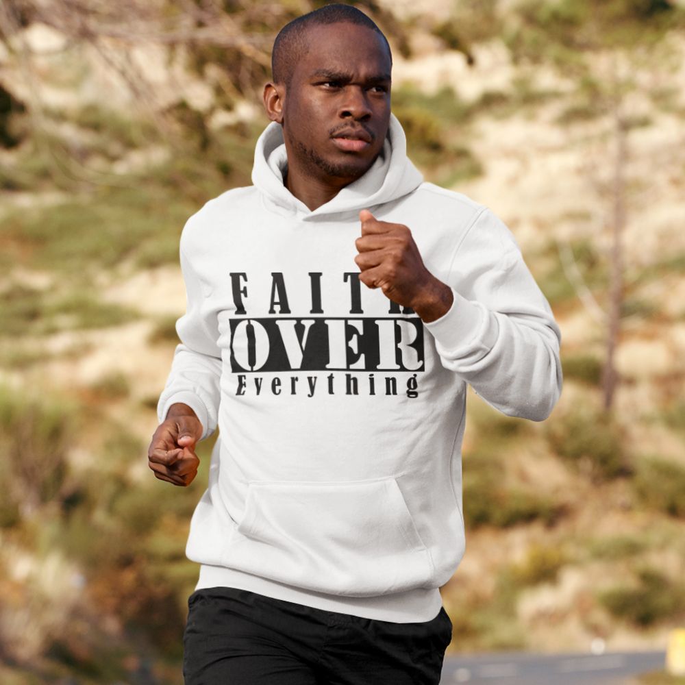 Faith Over Everything Men's Heavy Blend™ Hoodie Color: White Size: S Jesus Passion Apparel