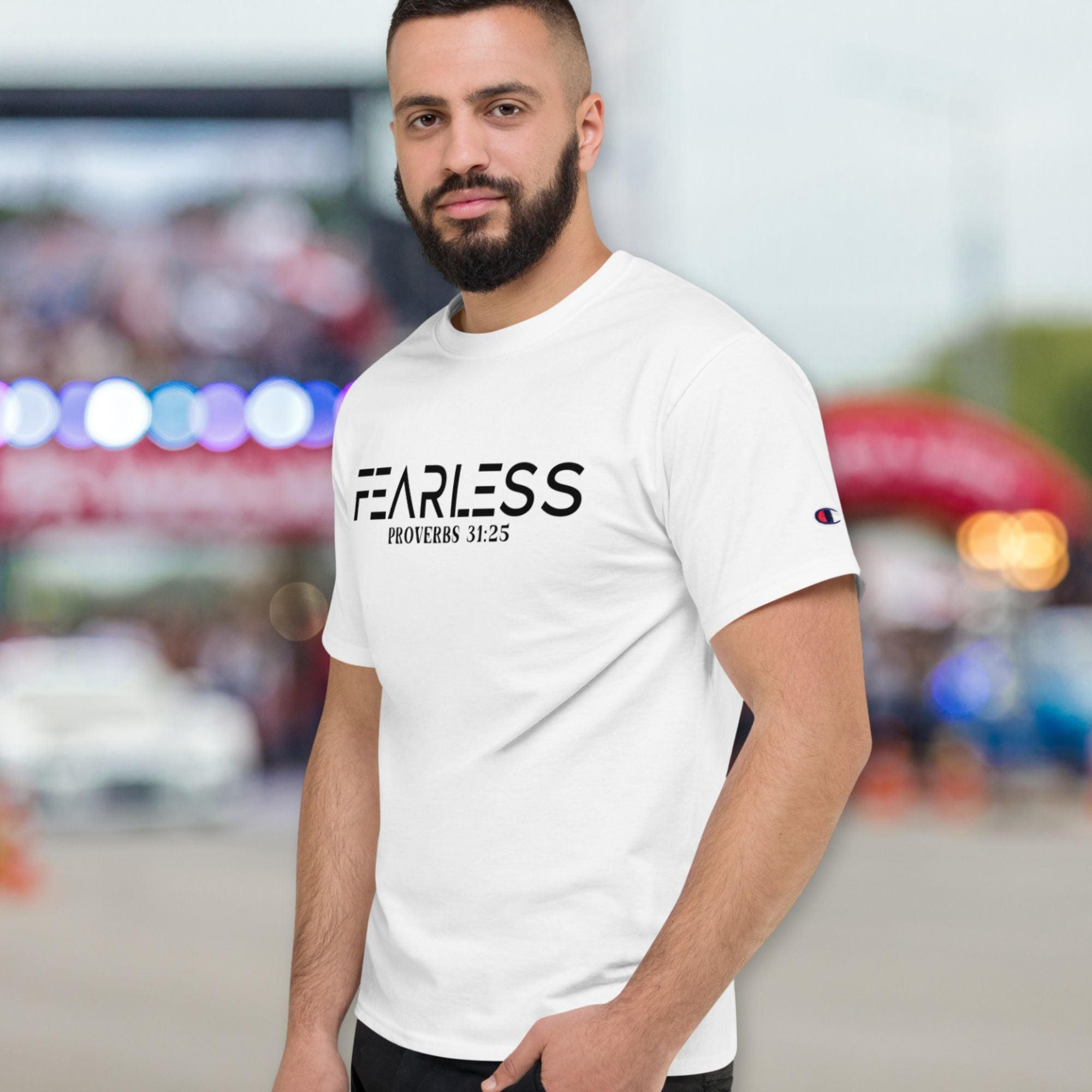 Fearless Proverbs 31:25 Men's Champion T-Shirt Color: Black Size: S Jesus Passion Apparel