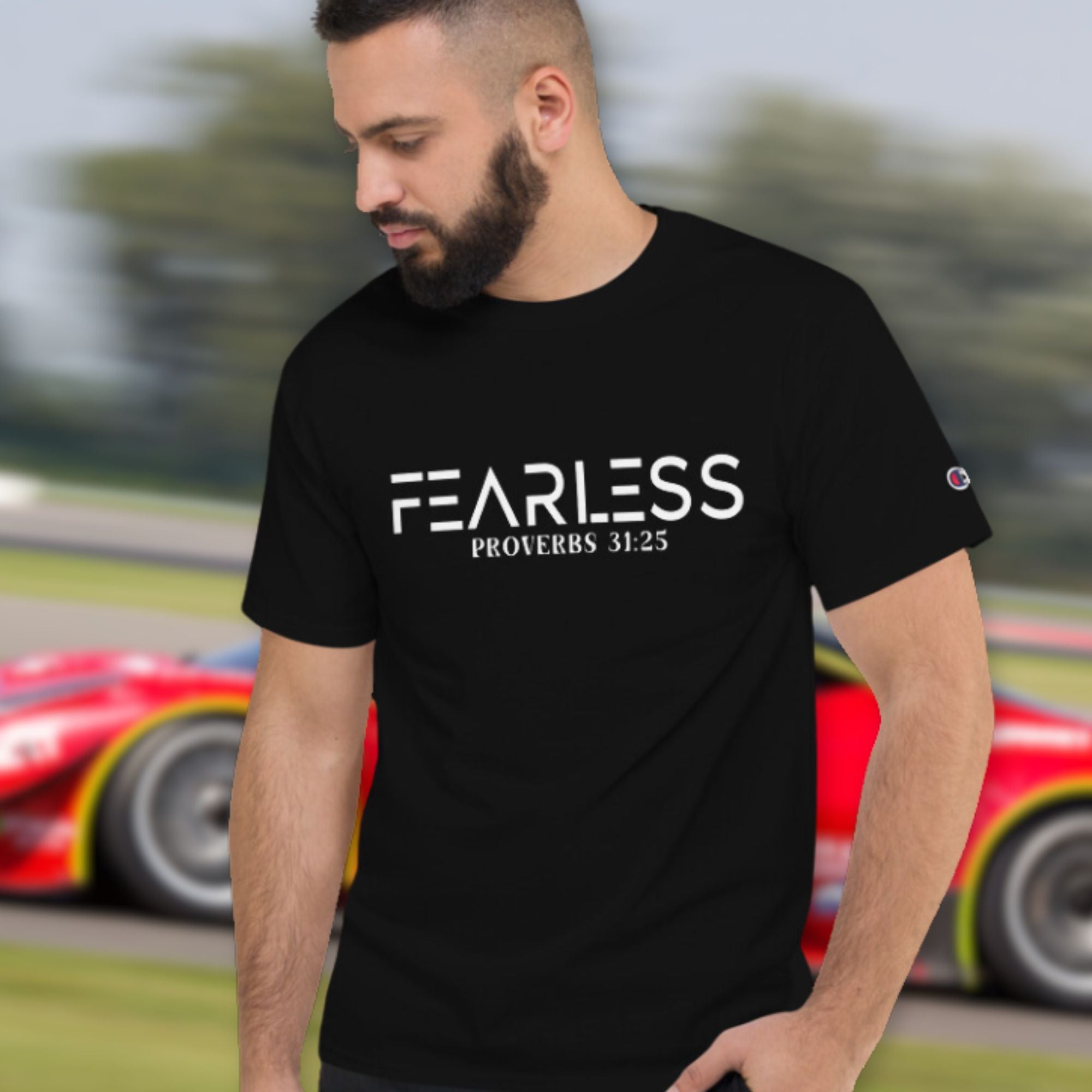 Fearless Proverbs 31:25 Men's Champion T-Shirt Color: Black Size: S Jesus Passion Apparel