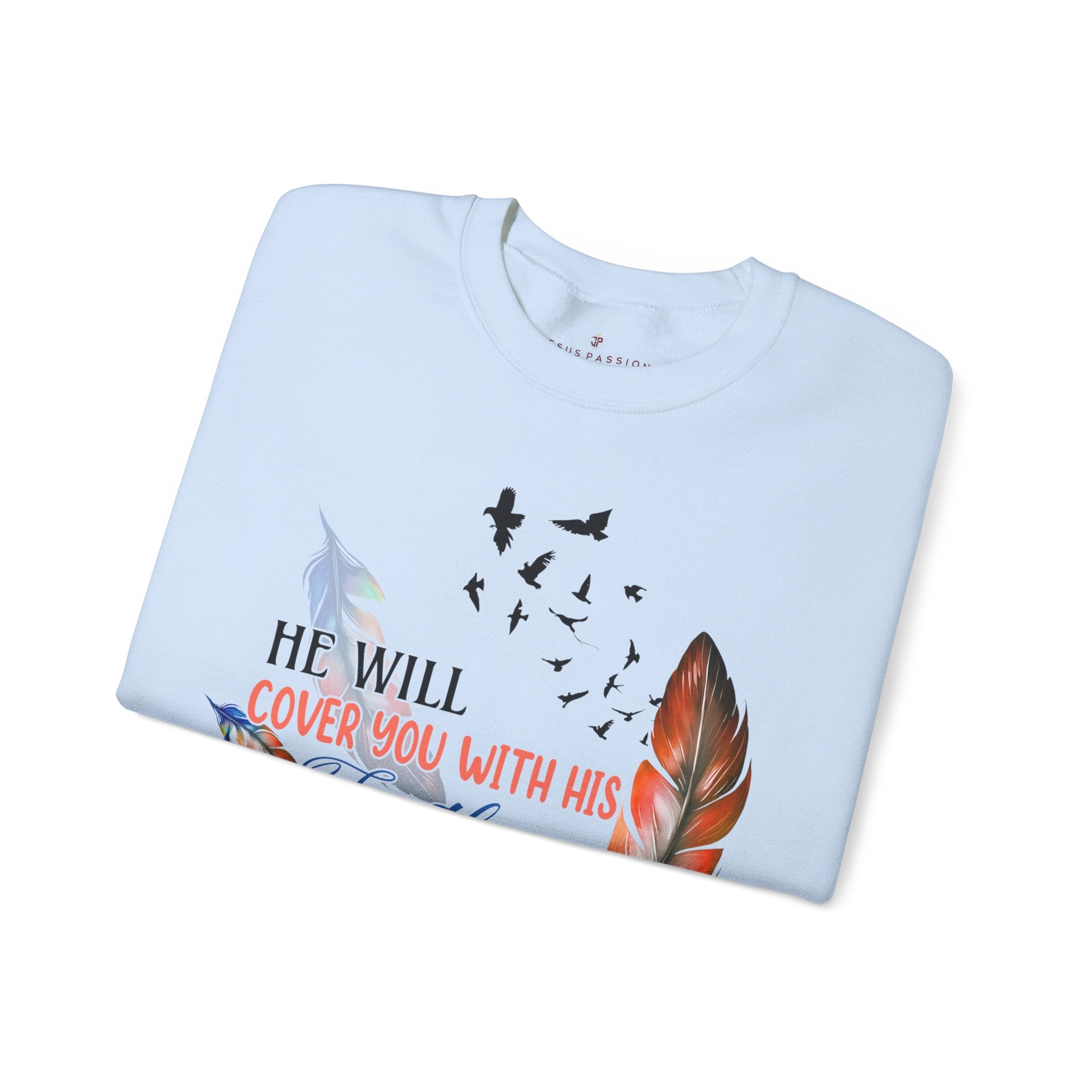 He Will Cover you with Feathers Women's Fleece Unisex-Fit Sweatshirt Light Blue / White Size: S Color: Light Blue Jesus Passion Apparel