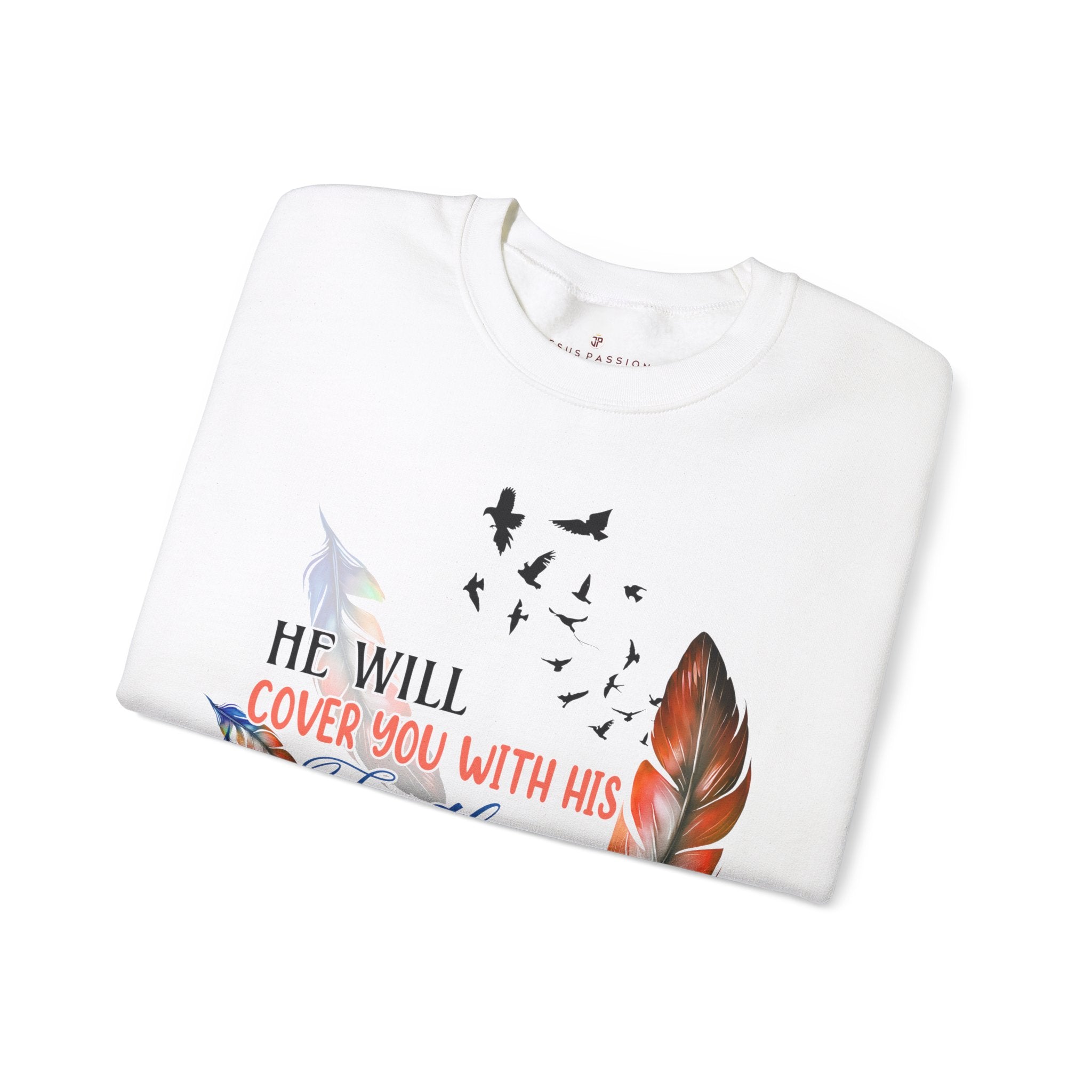 He Will Cover you with Feathers Women's Fleece Unisex-Fit Sweatshirt Light Blue / White Size: S Color: Light Blue Jesus Passion Apparel