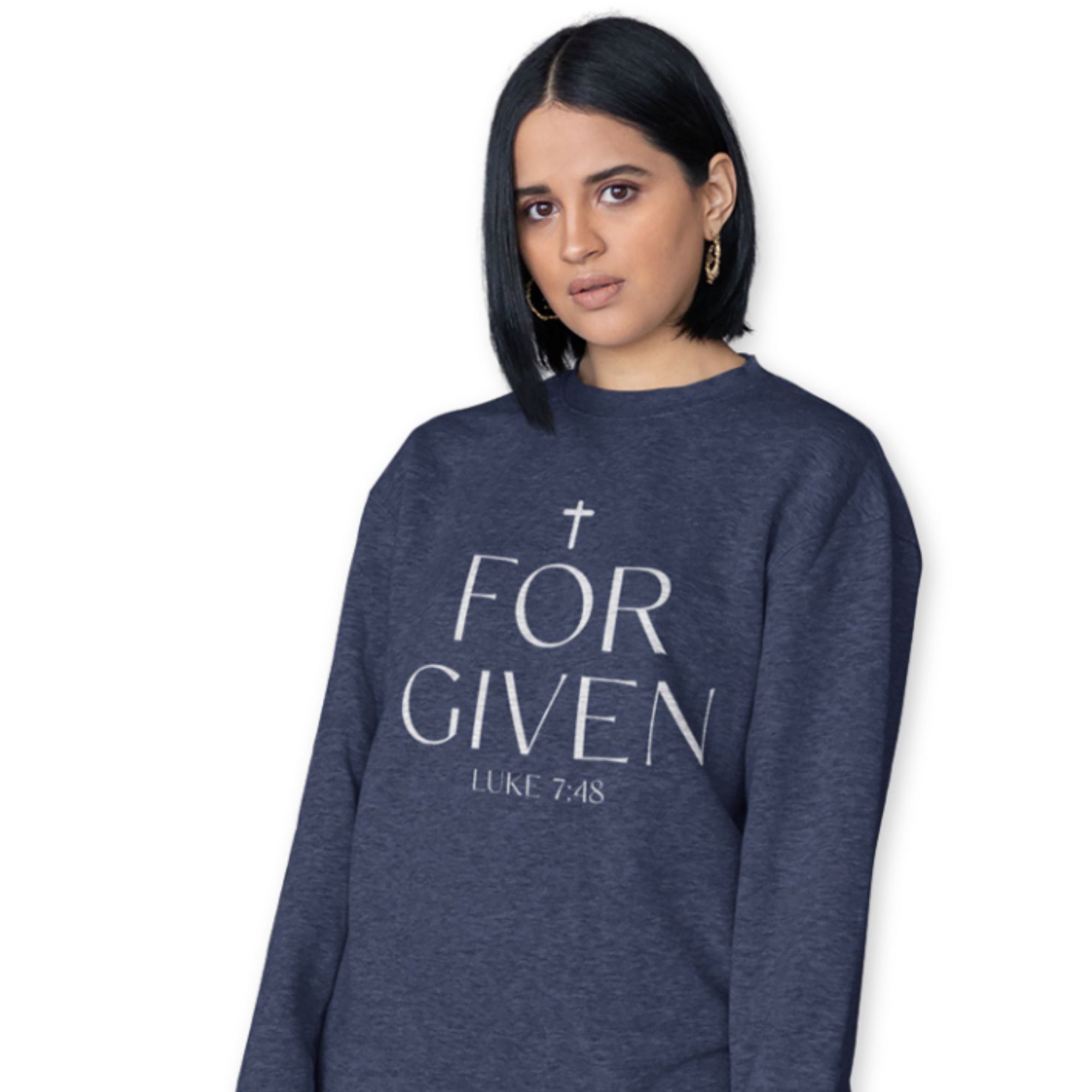 Forgiven Women's Fleece Unisex Sweatshirt Navy / Pink Heliconia Size: S Color: Heliconia Jesus Passion Apparel