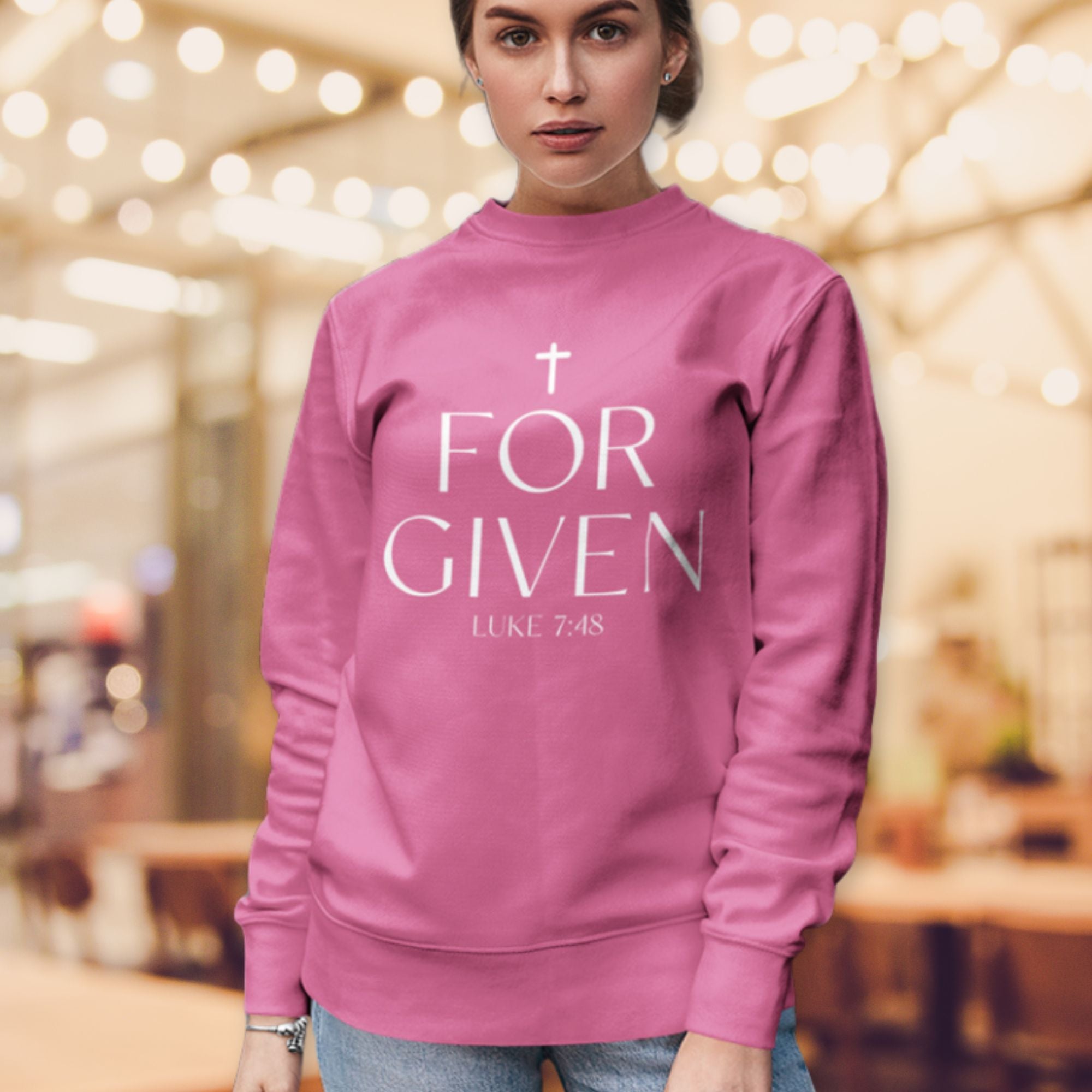 Forgiven Women's Fleece Unisex Sweatshirt Navy / Pink Heliconia Size: S Color: Heliconia Jesus Passion Apparel