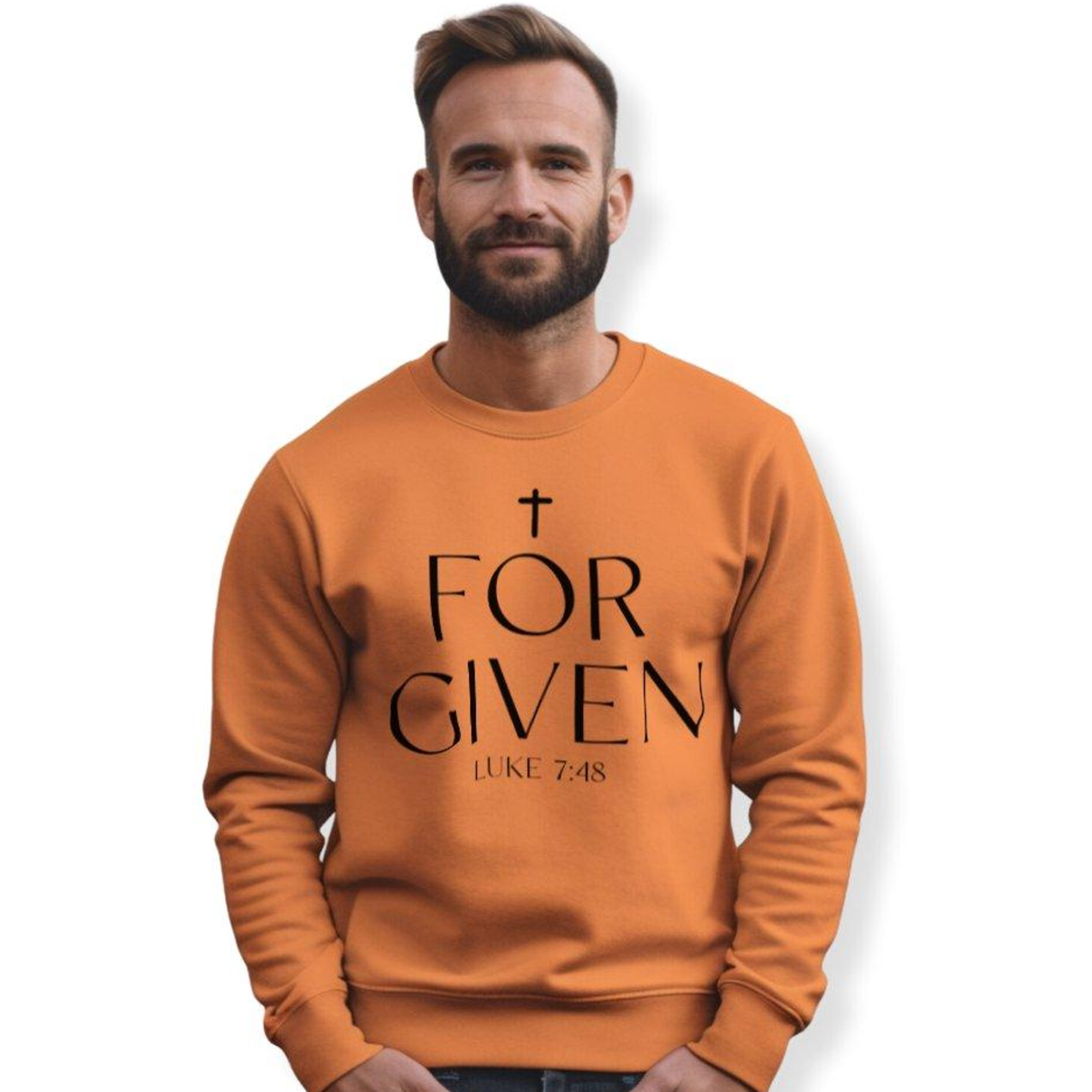 Forgiven Luke 7:48 Men's Fleece Unisex-Fit Sweatshirt - Orange Size: S Color: Orange Jesus Passion Apparel