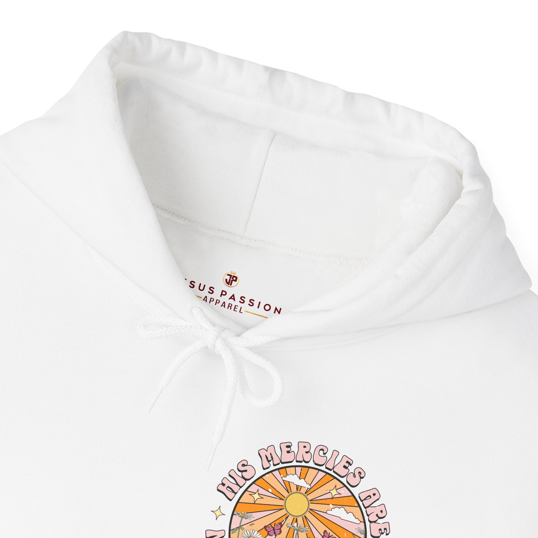 His Mercies Sunrise Retro-Inspired Unisex-Fit Hoodie Color: White Size: S Jesus Passion Apparel