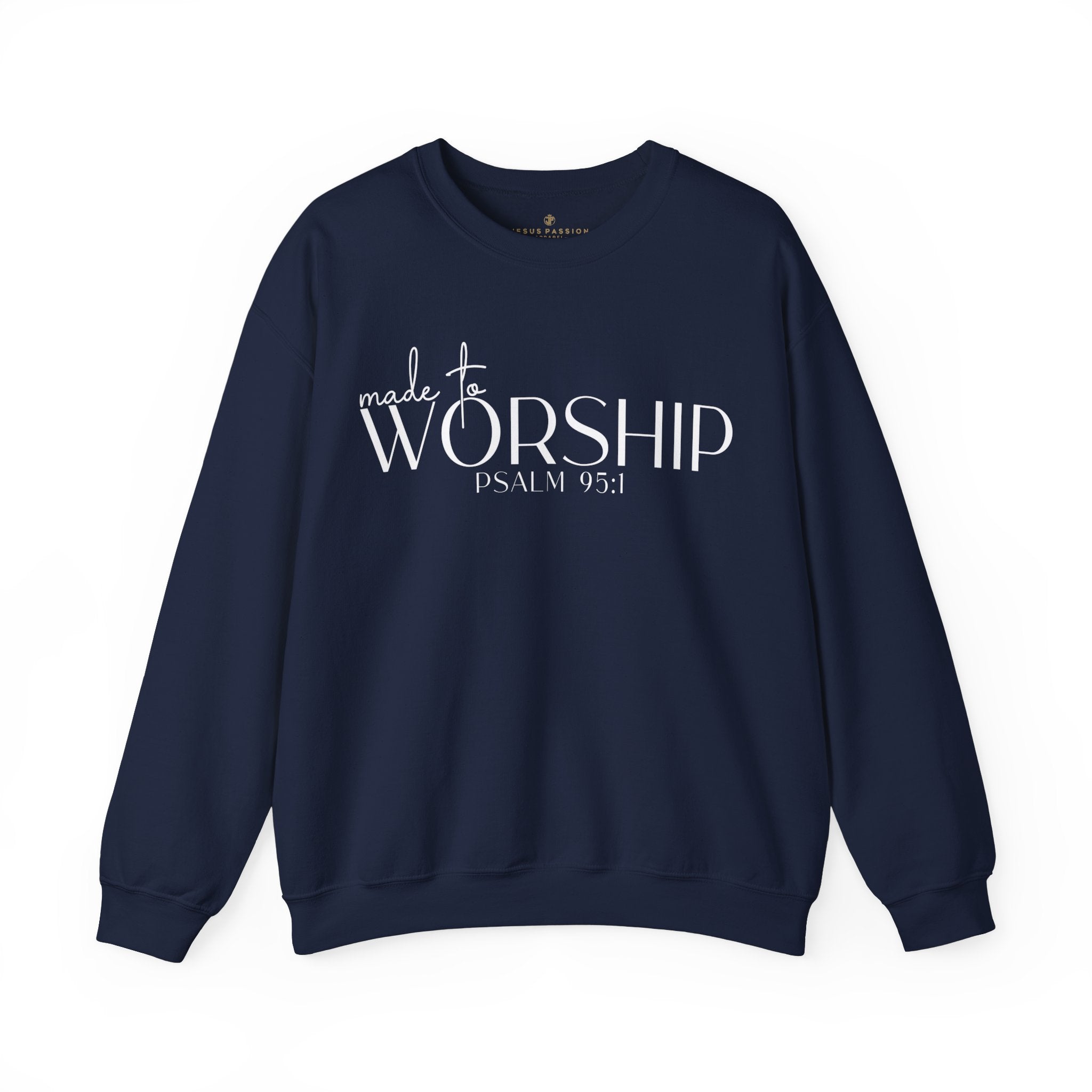 Made to Worship Women's Fleece Unisex-Fit Sweatshirt Navy / Pink Heliconia Size: S Color: Navy Jesus Passion Apparel