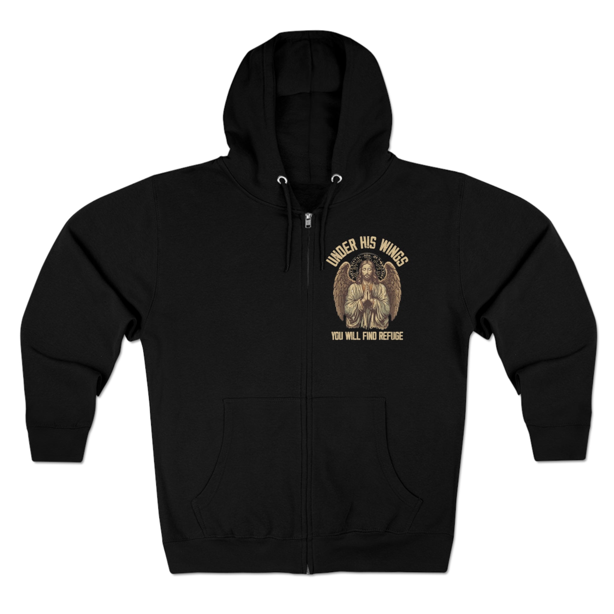 Under His Wings Retro-Inspired Premium Men's Hooded Jacket Heavy Blend™ Color: Black Size: M Jesus Passion Apparel