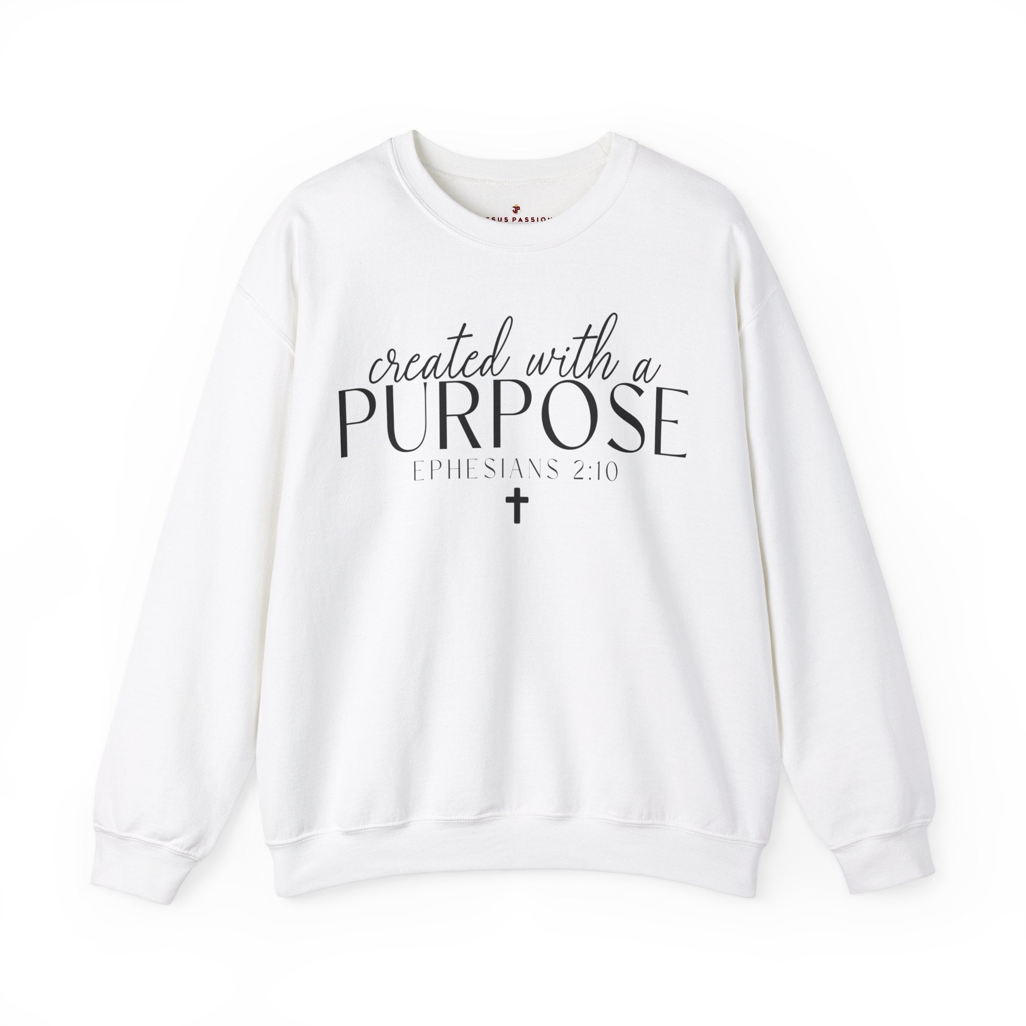 Created with a Purpose Women's Fleece Unisex-Fit Sweatshirt White / Sport Grey Sizes: S Colors: White Jesus Passion Apparel